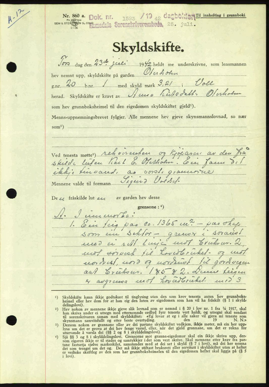 Romsdal sorenskriveri, AV/SAT-A-4149/1/2/2C: Mortgage book no. A12, 1942-1942, Diary no: : 1523/1942