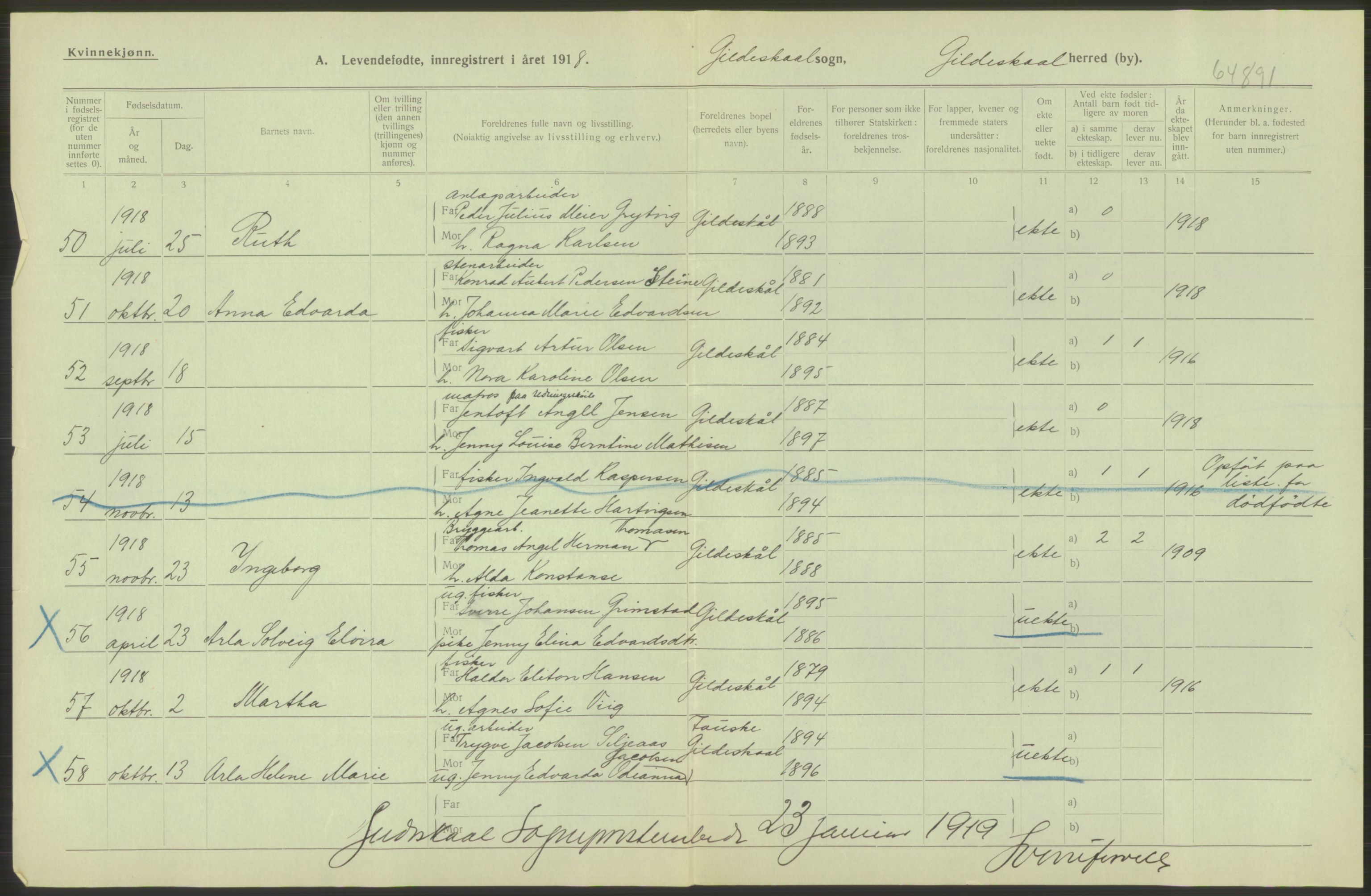 Statistisk sentralbyrå, Sosiodemografiske emner, Befolkning, RA/S-2228/D/Df/Dfb/Dfbh/L0052: Nordland fylke: Levendefødte menn og kvinner. Bygder., 1918, p. 174