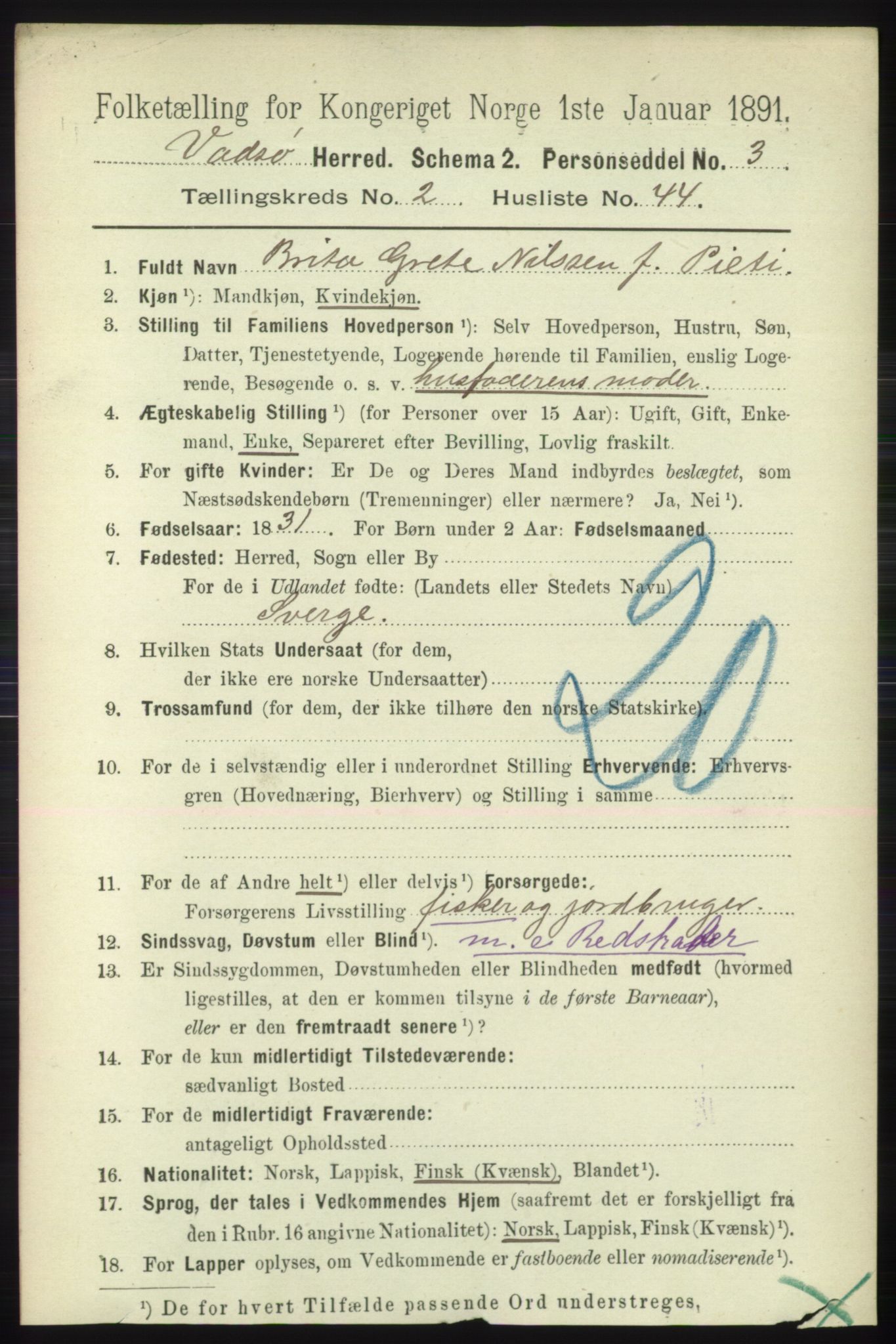 RA, 1891 census for 2029 Vadsø, 1891, p. 738