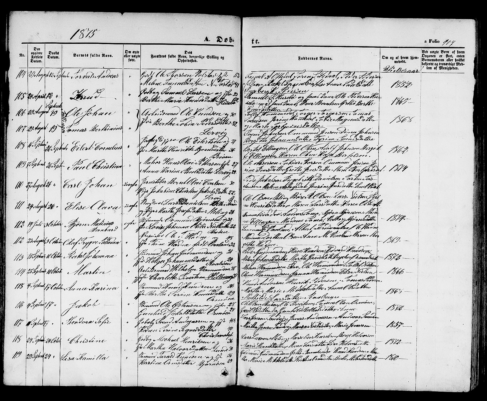 Hetland sokneprestkontor, SAST/A-101826/30/30BB/L0003: Parish register (copy) no. B 3, 1863-1877, p. 107