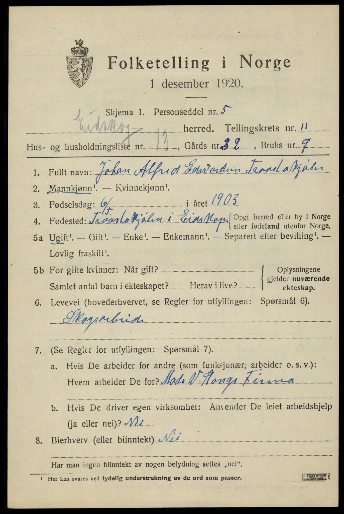 SAH, 1920 census for Eidskog, 1920, p. 11741