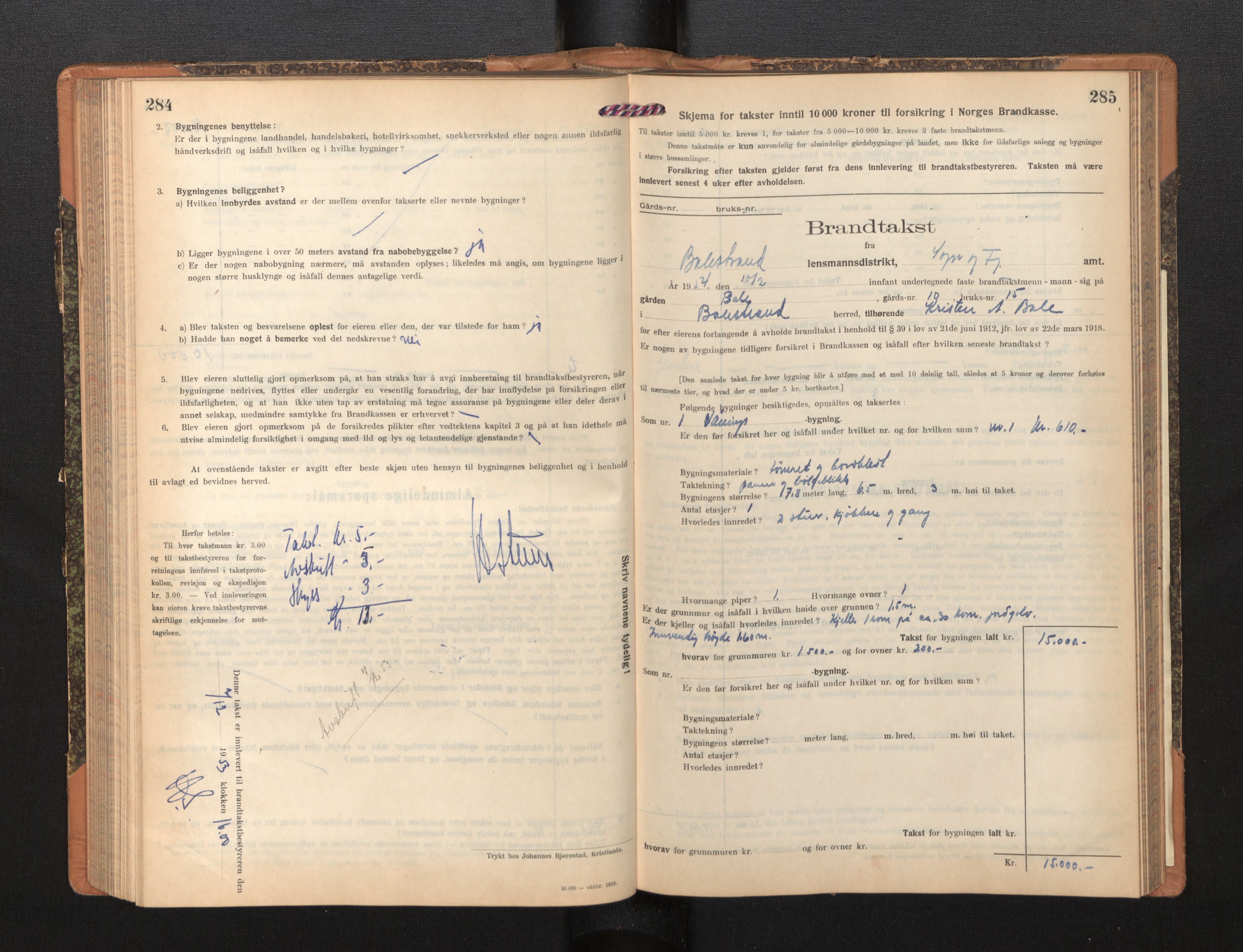 Lensmannen i Balestrand, SAB/A-26501/0012/L0003: Branntakstprotokoll, skjematakst, 1920-1955, p. 284-285