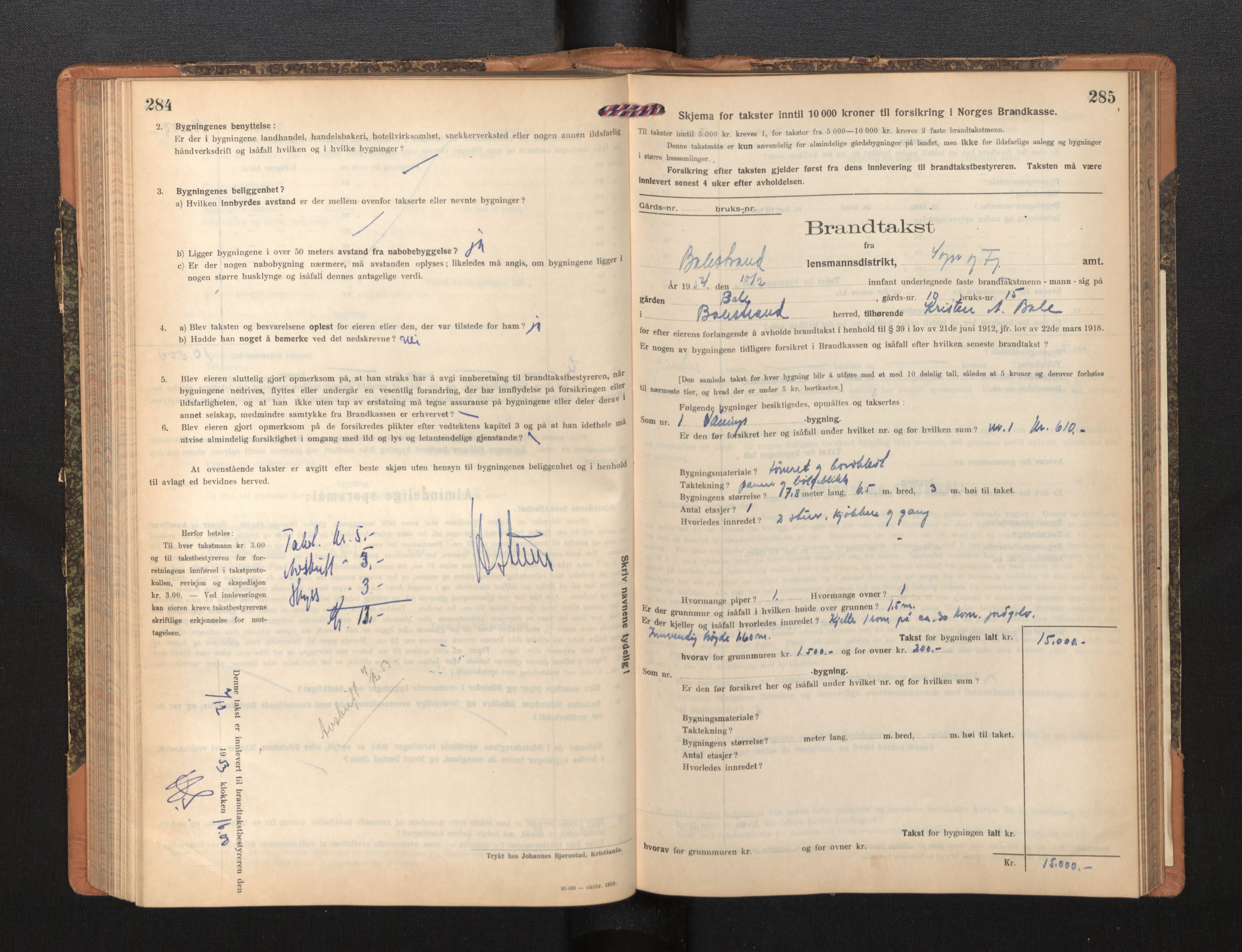Lensmannen i Balestrand, AV/SAB-A-26501/0012/L0003: Branntakstprotokoll, skjematakst, 1920-1955, p. 284-285