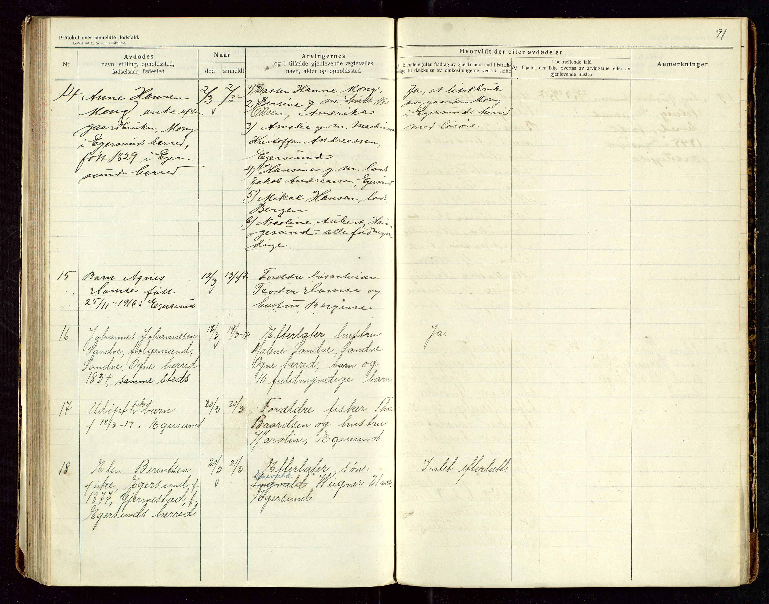 Eigersund lensmannskontor, SAST/A-100171/Gga/L0006: "Protokol over anmeldte dødsfald" m/alfabetisk navneregister, 1914-1917, p. 91