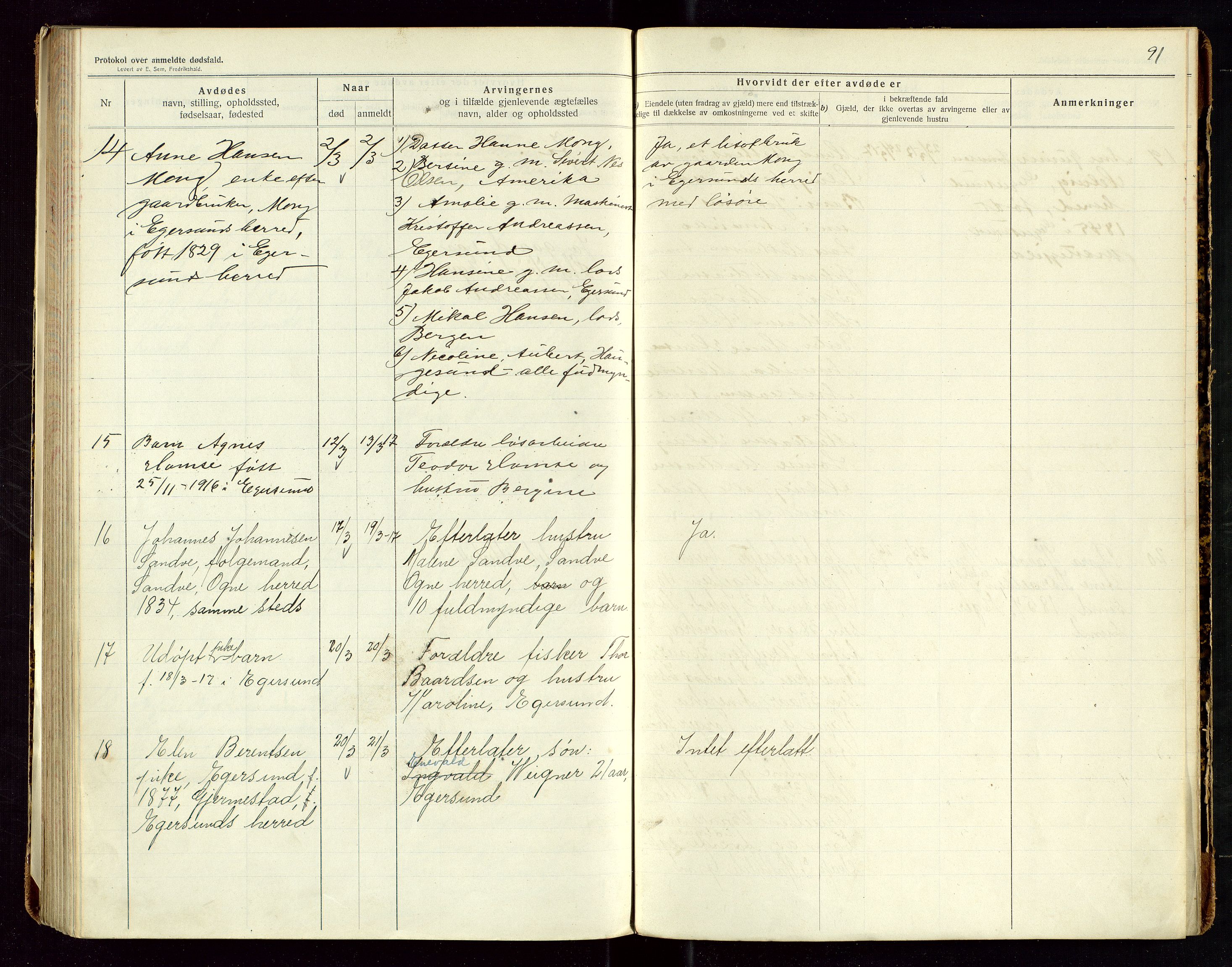 Eigersund lensmannskontor, AV/SAST-A-100171/Gga/L0006: "Protokol over anmeldte dødsfald" m/alfabetisk navneregister, 1914-1917, p. 91