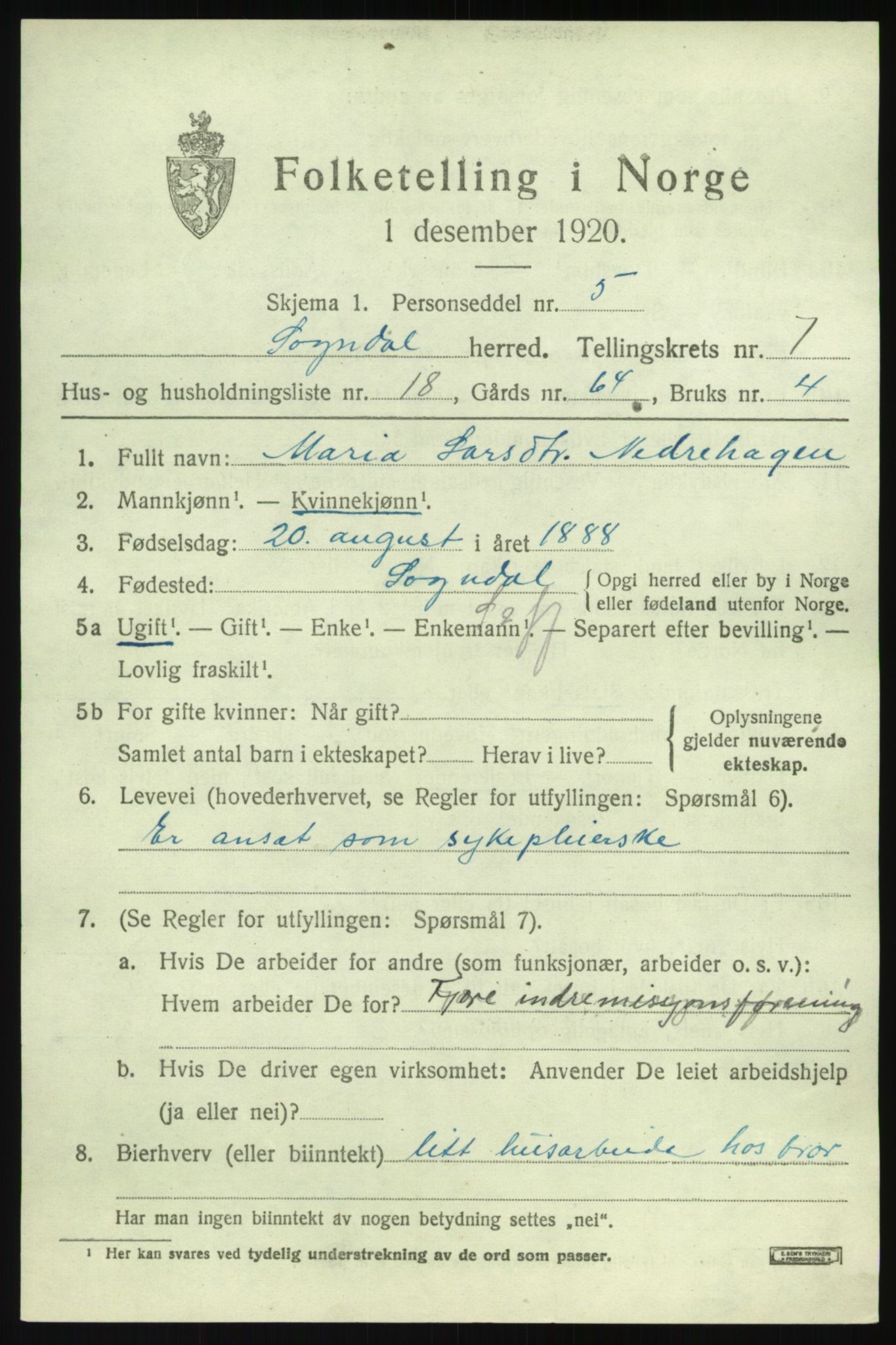 SAB, 1920 census for Sogndal, 1920, p. 3599