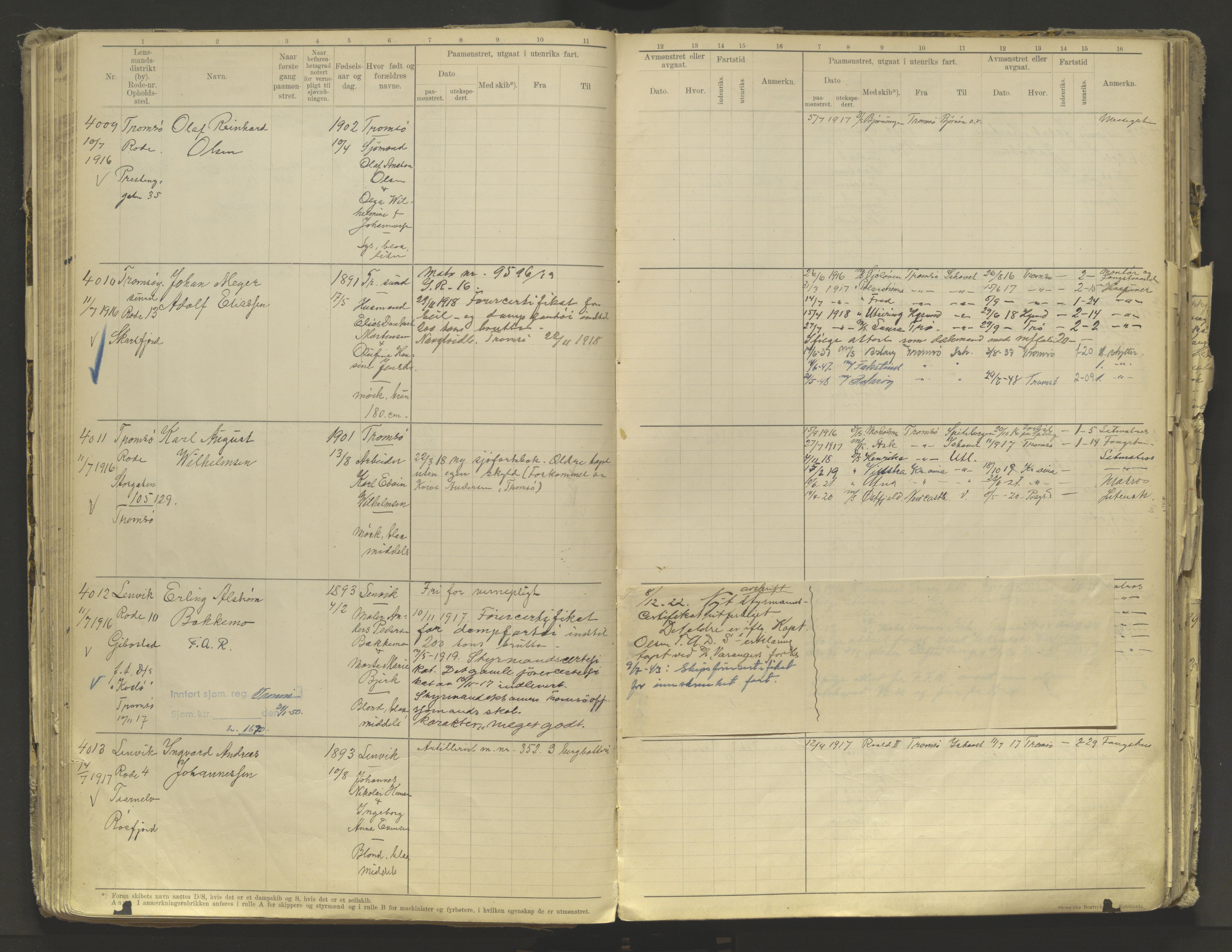 Tromsø sjømannskontor/innrullerings-/mønstringsdistrikt, AV/SATØ-S-0243/F/Fb/L0010: Annotasjonsrulle. Defekt: løs innbinding. Nr. 3519-4972, 1916-1920