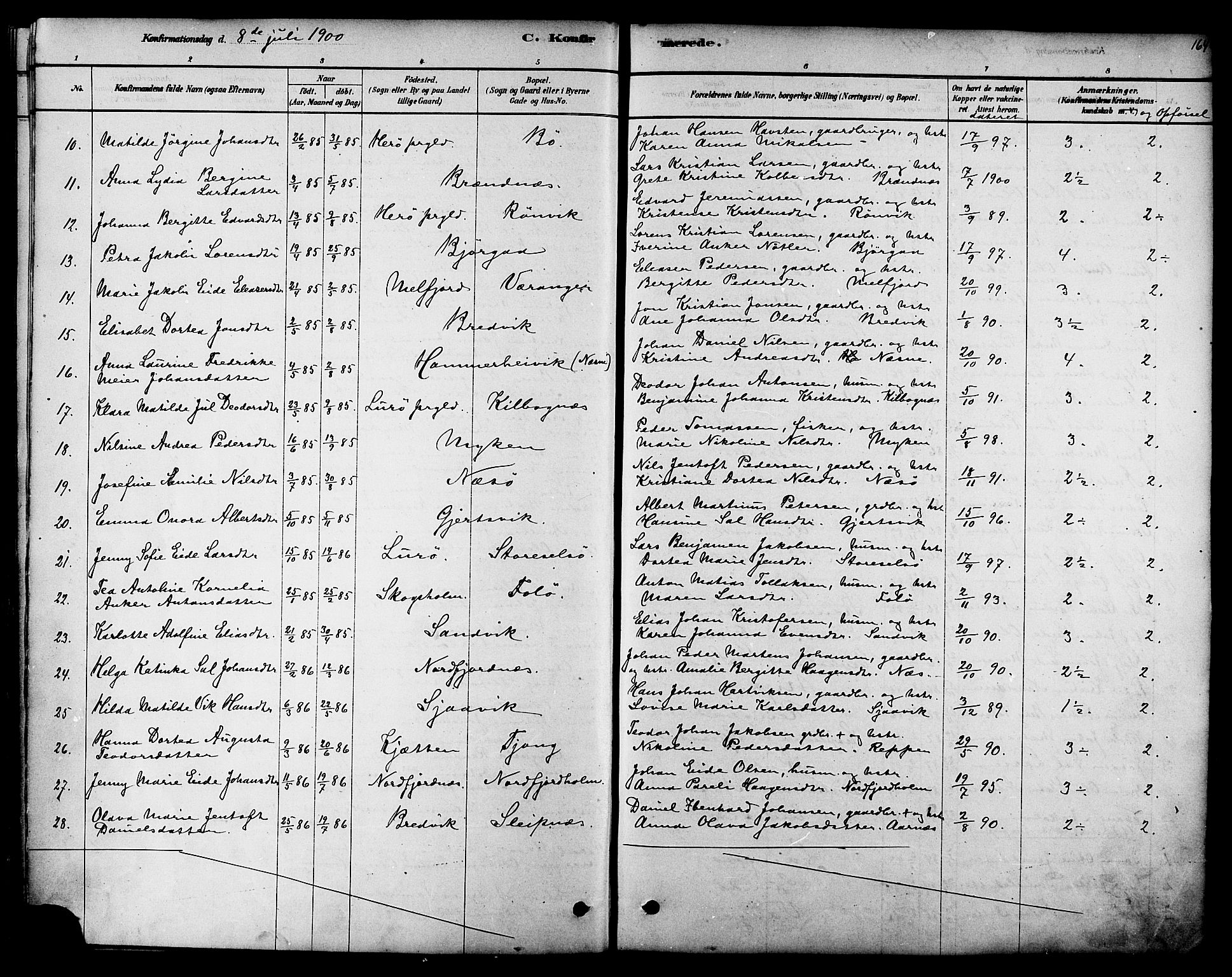 Ministerialprotokoller, klokkerbøker og fødselsregistre - Nordland, AV/SAT-A-1459/841/L0609: Parish register (official) no. 841A12, 1878-1901, p. 164