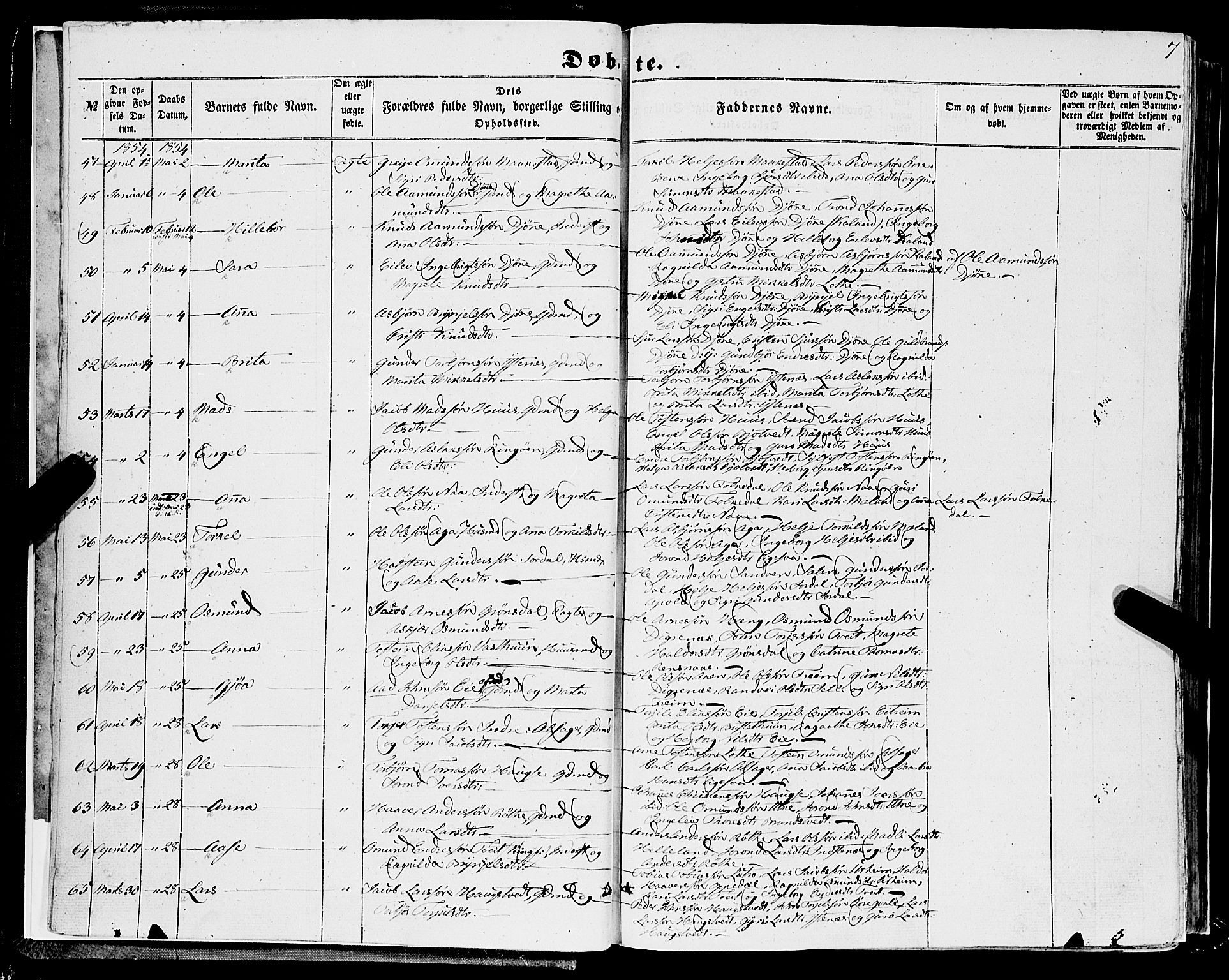 Ullensvang sokneprestembete, AV/SAB-A-78701/H/Haa: Parish register (official) no. A 11, 1854-1866, p. 7