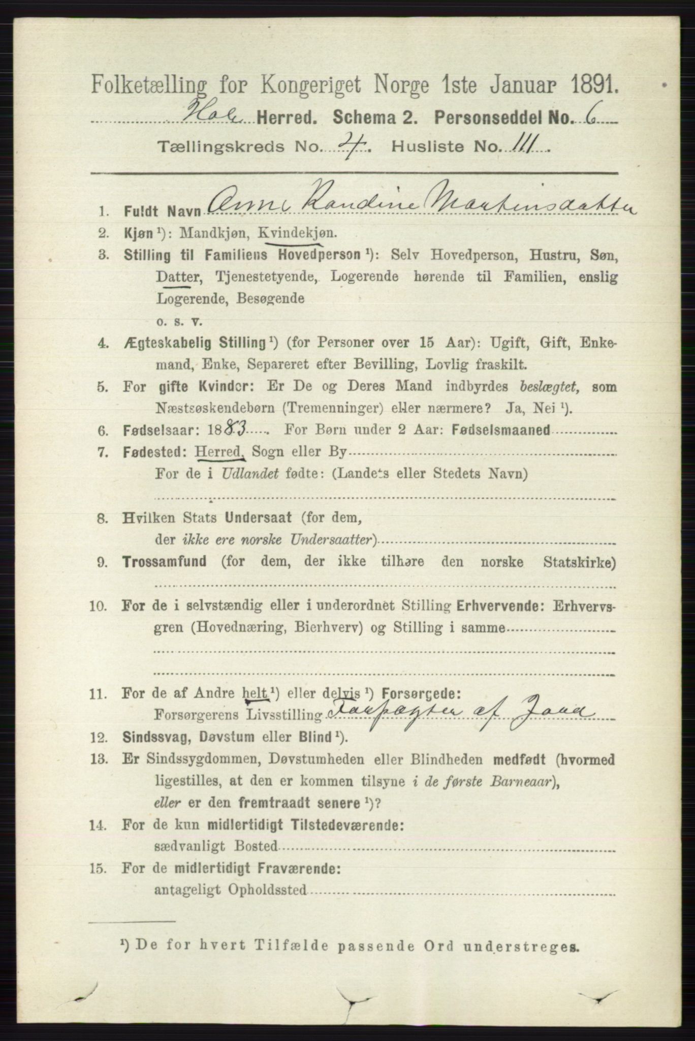 RA, 1891 census for 0612 Hole, 1891, p. 2431