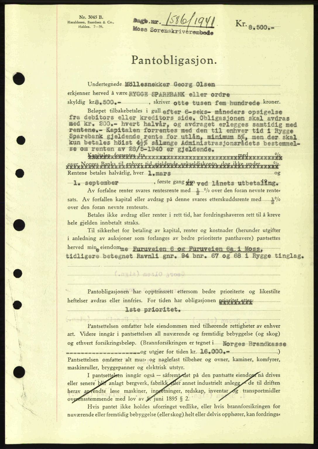 Moss sorenskriveri, AV/SAO-A-10168: Mortgage book no. B11, 1941-1942, Diary no: : 1586/1941