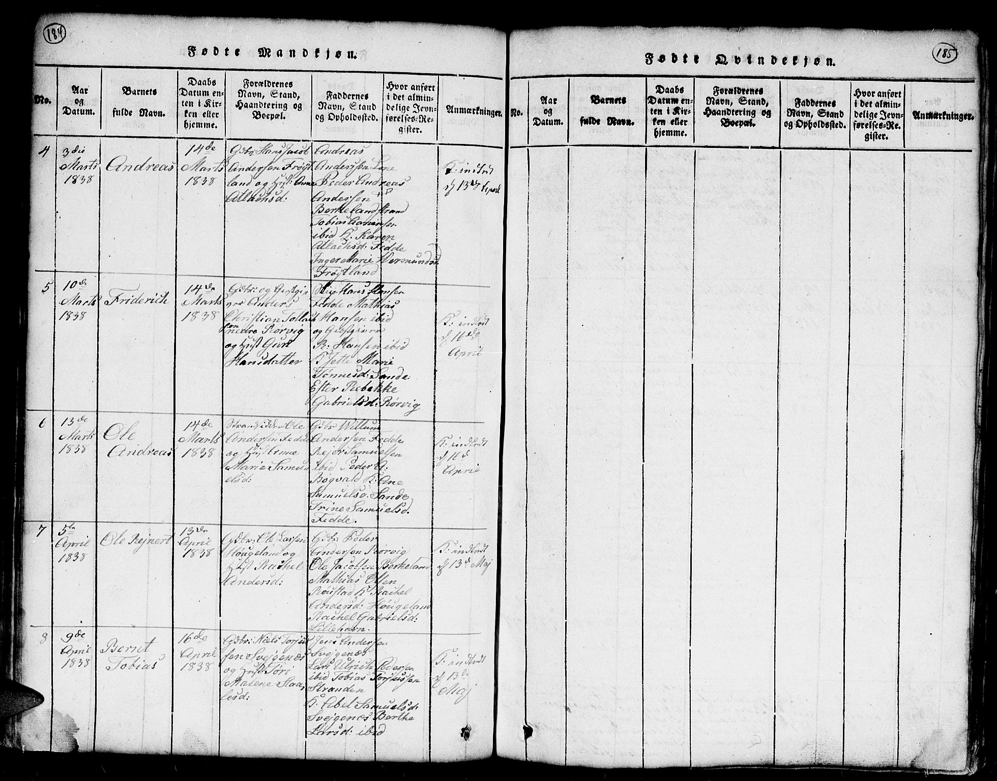 Kvinesdal sokneprestkontor, AV/SAK-1111-0026/F/Fb/Fba/L0001: Parish register (copy) no. B 1, 1815-1839, p. 184-185