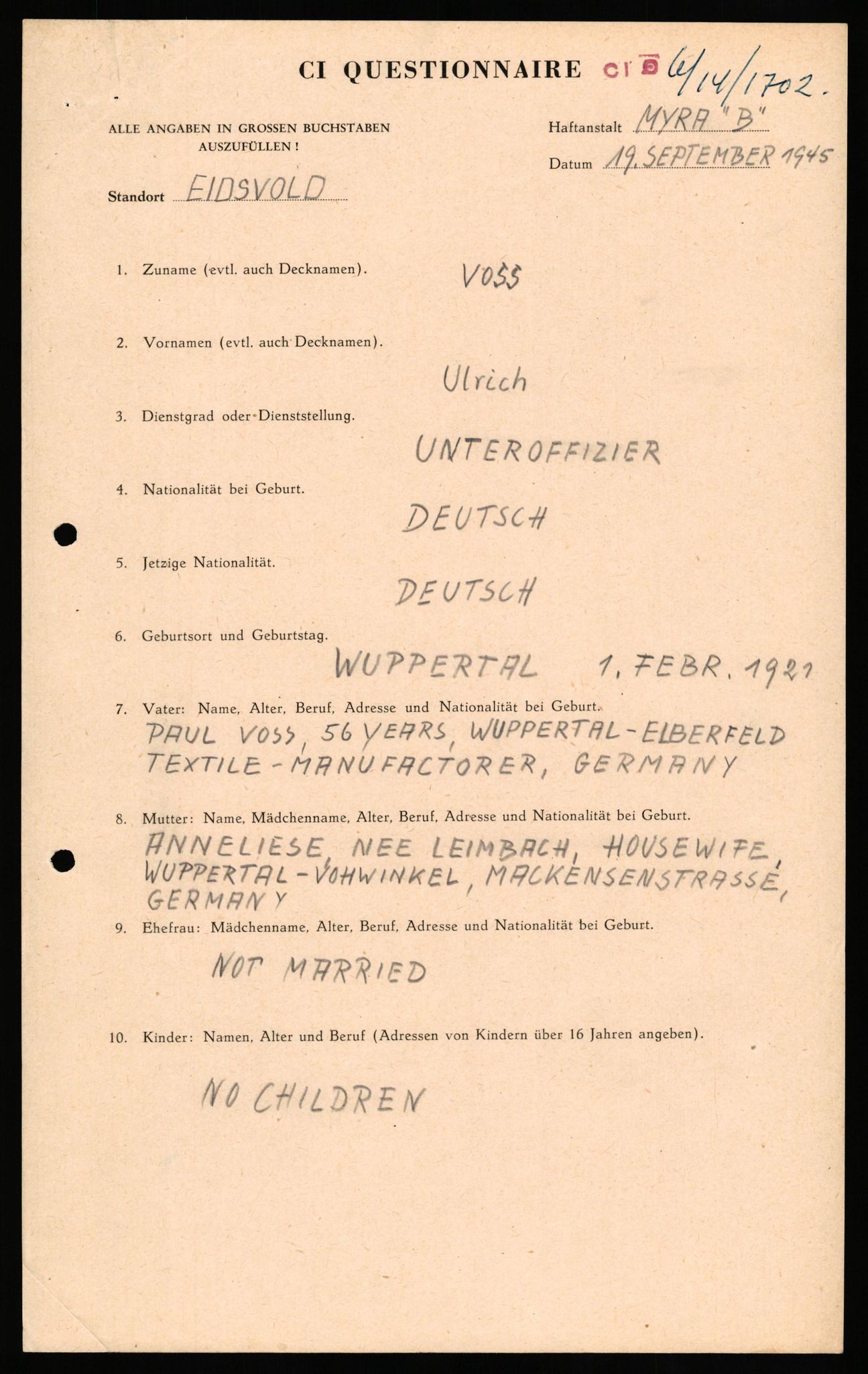 Forsvaret, Forsvarets overkommando II, RA/RAFA-3915/D/Db/L0034: CI Questionaires. Tyske okkupasjonsstyrker i Norge. Tyskere., 1945-1946, p. 349