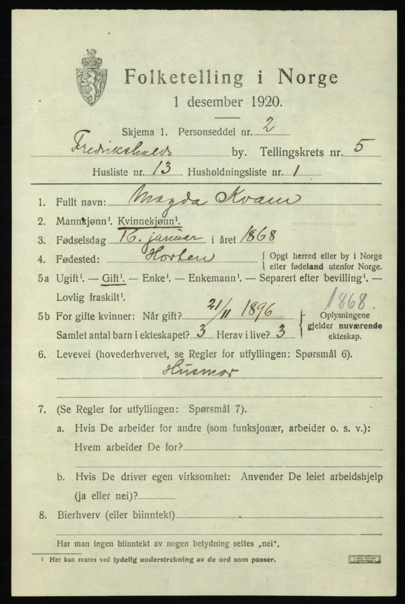 SAO, 1920 census for Fredrikshald, 1920, p. 12253