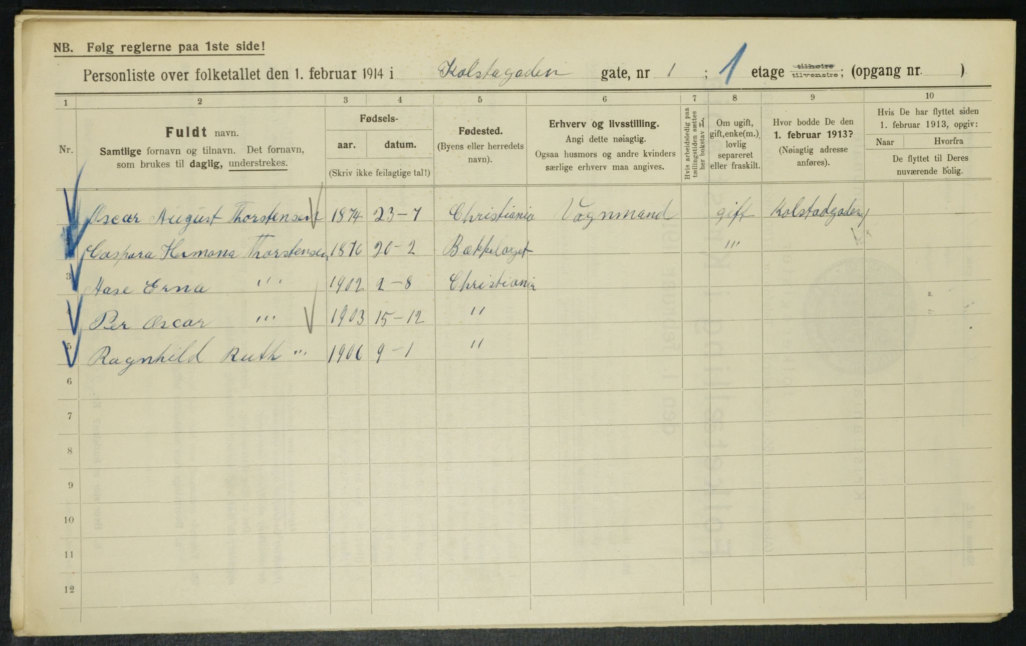 OBA, Municipal Census 1914 for Kristiania, 1914, p. 52108