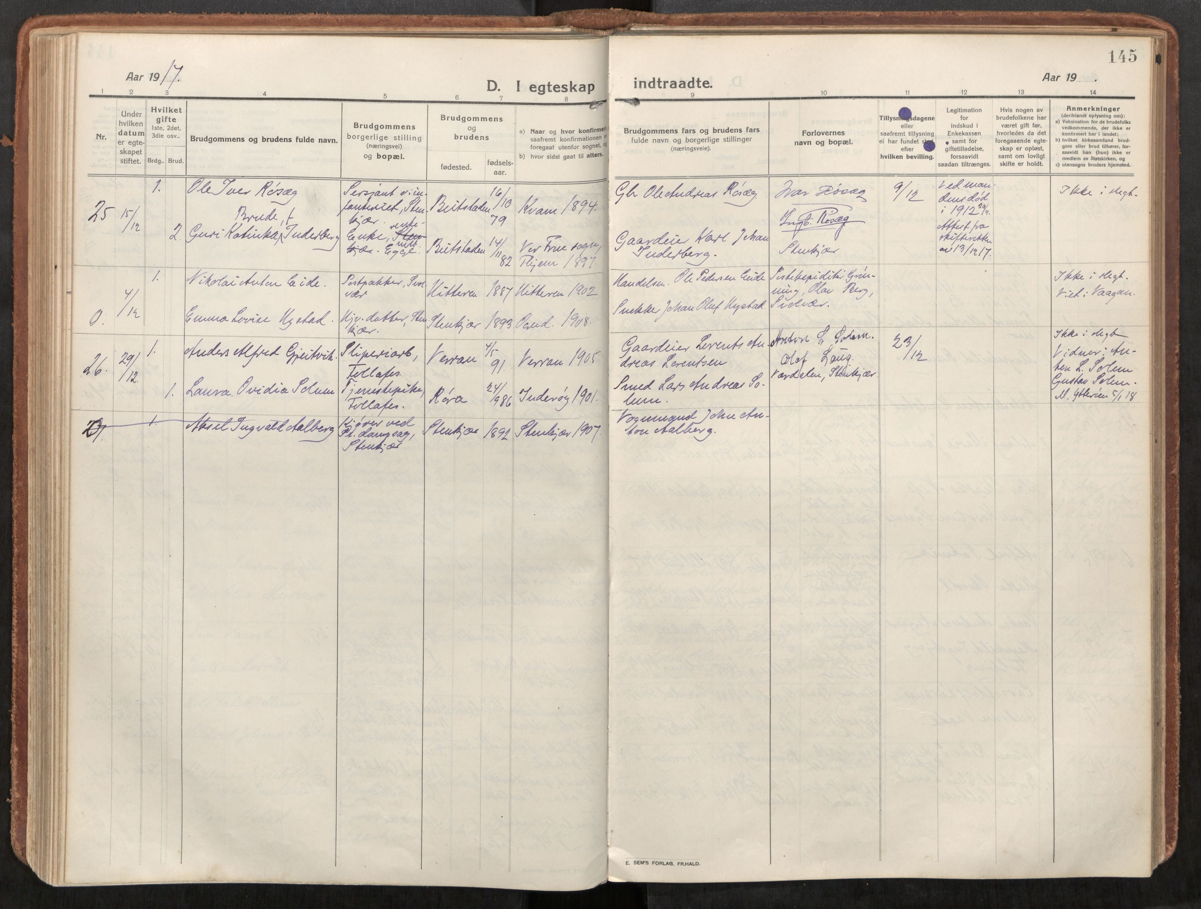 Steinkjer sokneprestkontor, AV/SAT-A-1541/01/H/Ha/Haa/L0003: Parish register (official) no. 3, 1913-1922, p. 145