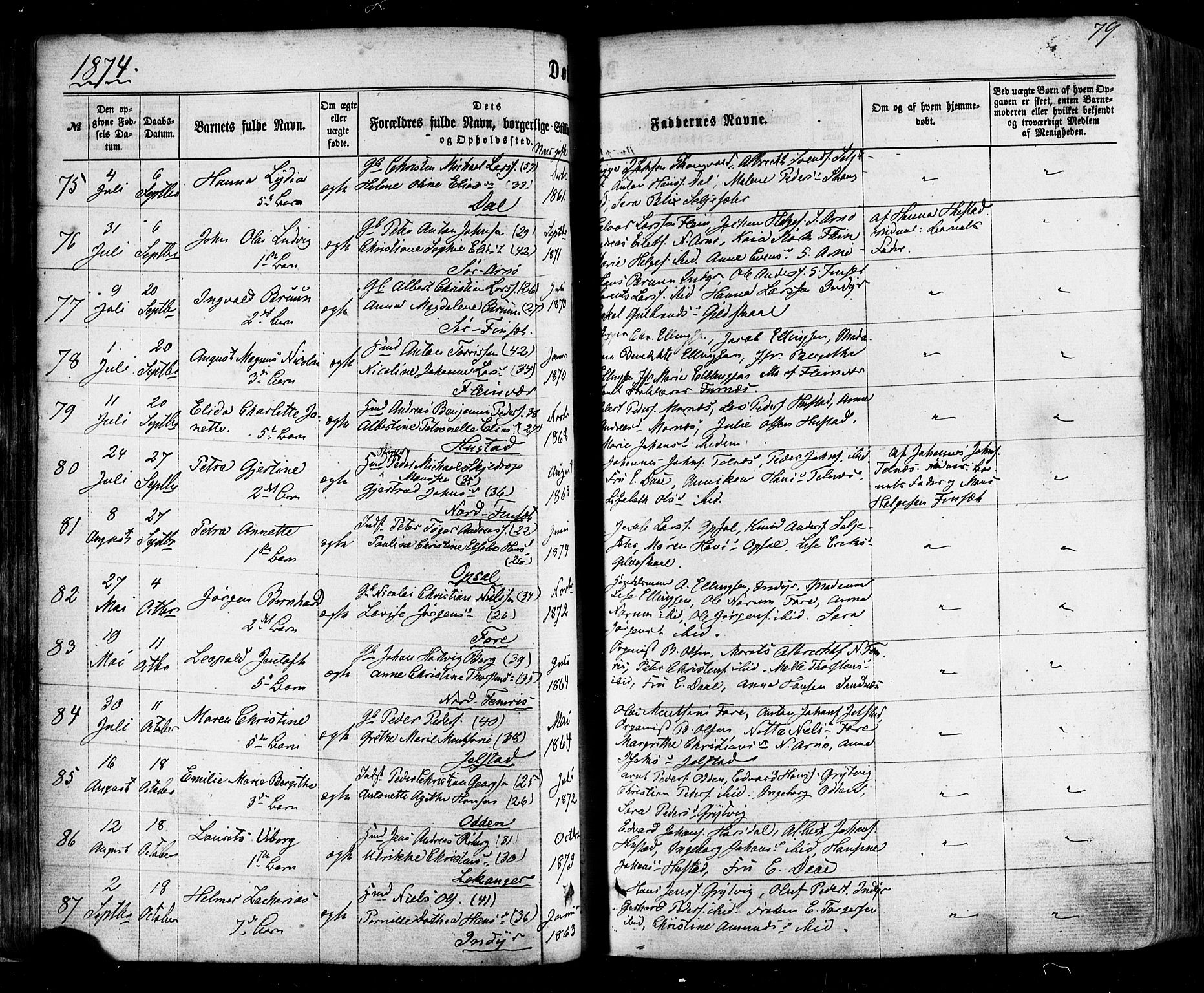 Ministerialprotokoller, klokkerbøker og fødselsregistre - Nordland, AV/SAT-A-1459/805/L0098: Parish register (official) no. 805A05, 1862-1879, p. 79