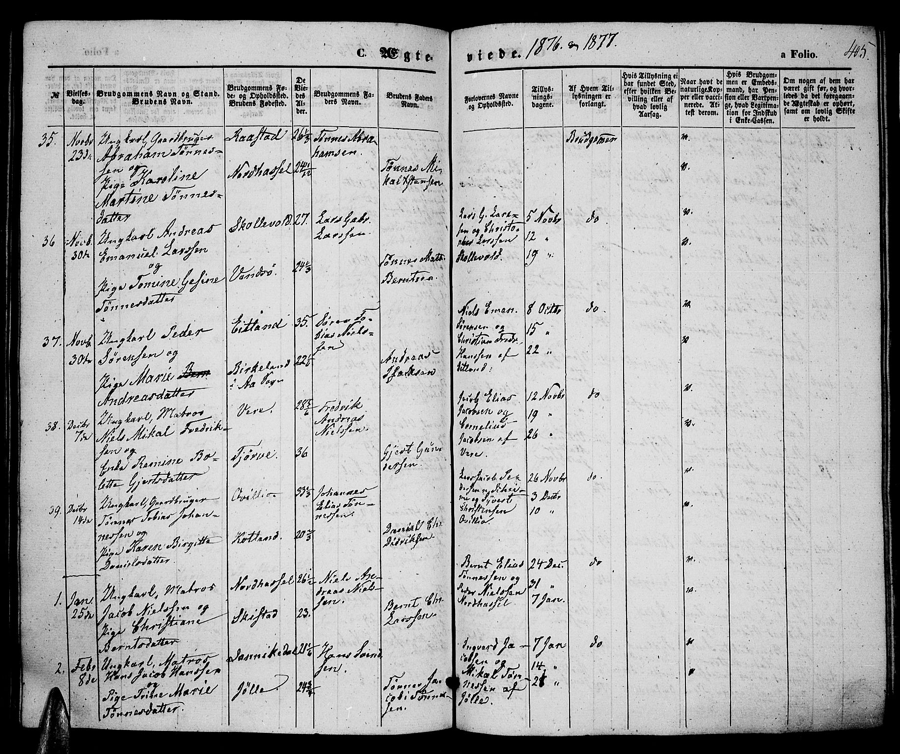 Lista sokneprestkontor, SAK/1111-0027/F/Fb/L0003: Parish register (copy) no. B 3, 1862-1877, p. 405