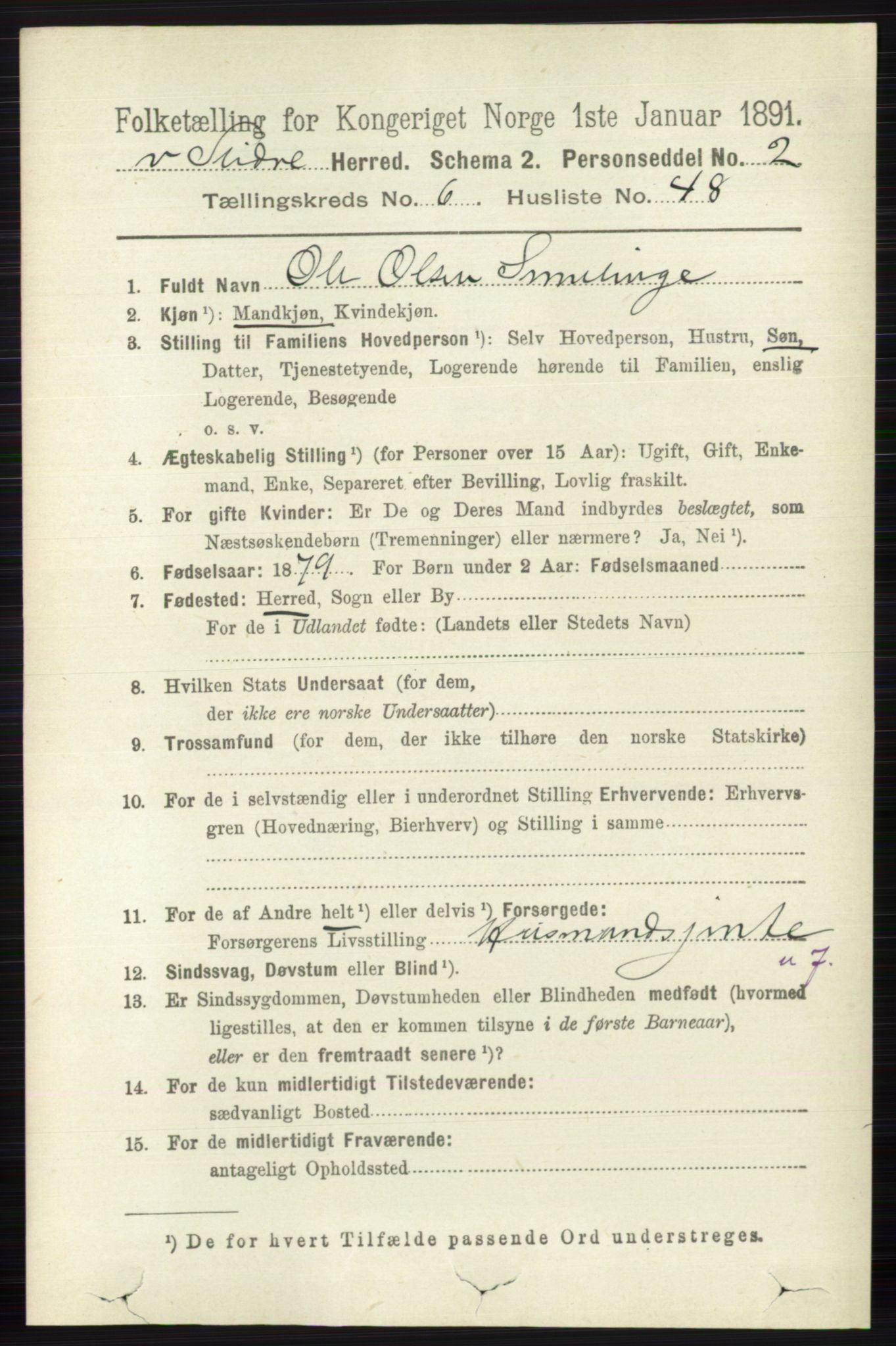 RA, 1891 census for 0543 Vestre Slidre, 1891, p. 2366