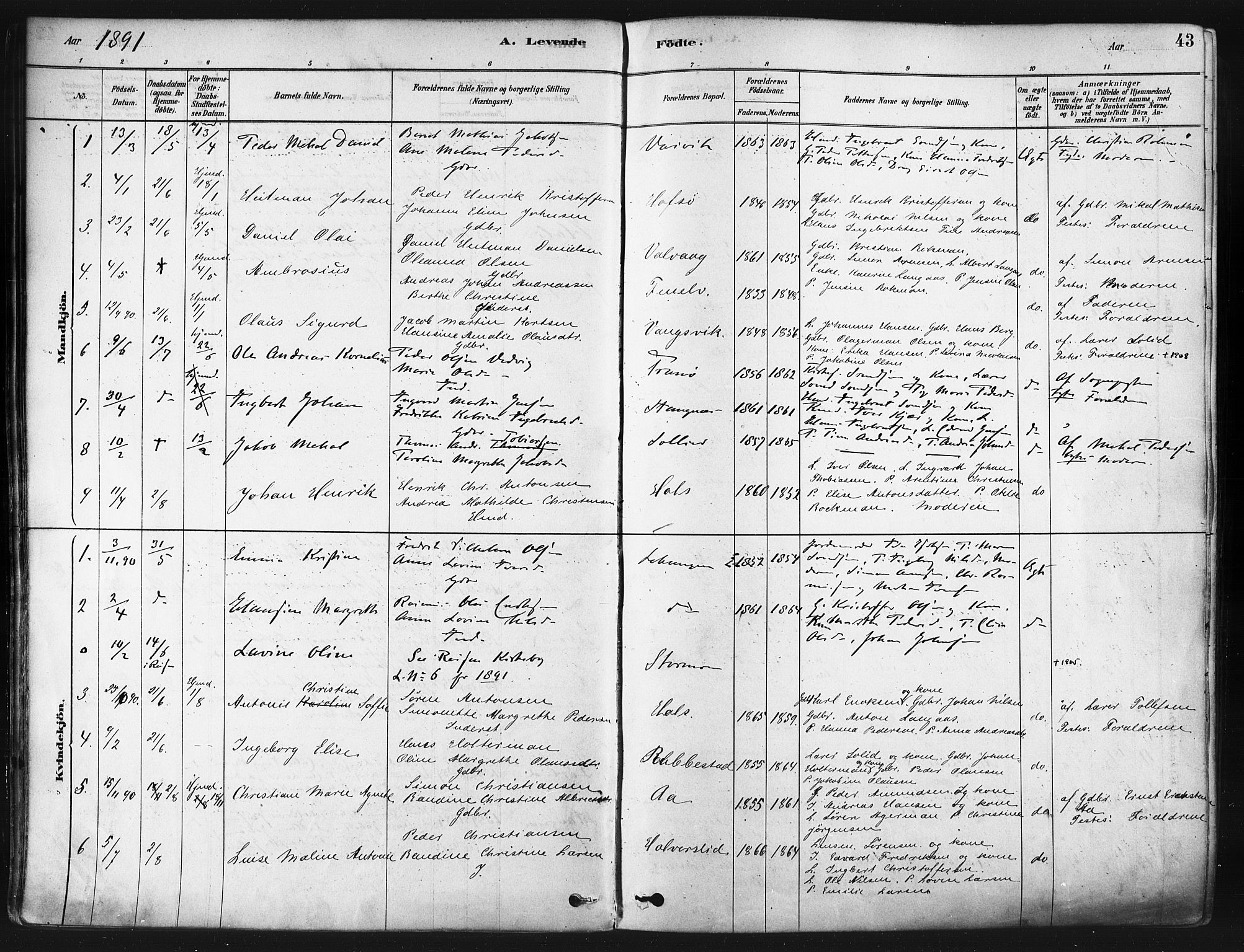 Tranøy sokneprestkontor, SATØ/S-1313/I/Ia/Iaa/L0009kirke: Parish register (official) no. 9, 1878-1904, p. 43