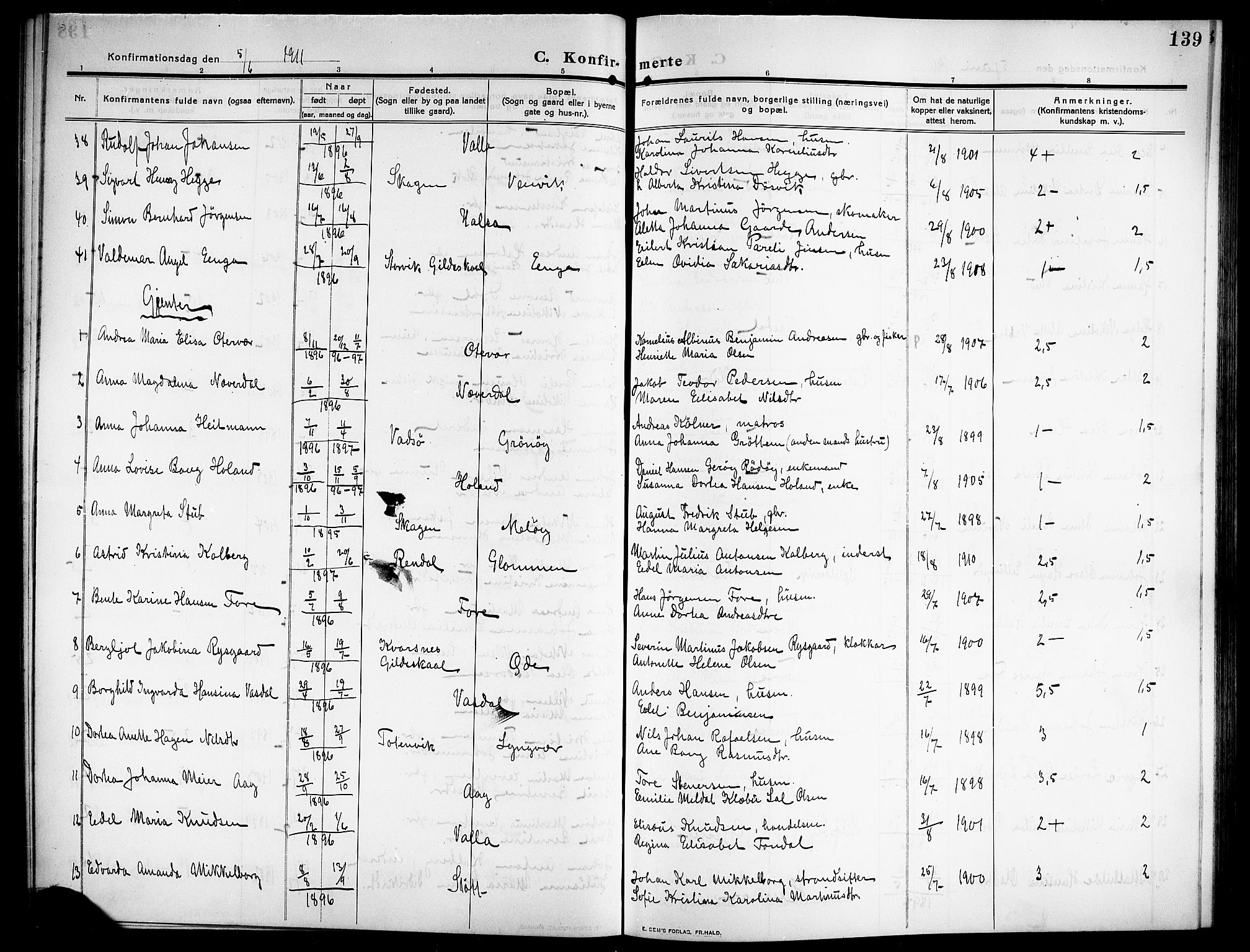 Ministerialprotokoller, klokkerbøker og fødselsregistre - Nordland, AV/SAT-A-1459/843/L0639: Parish register (copy) no. 843C08, 1908-1924, p. 139