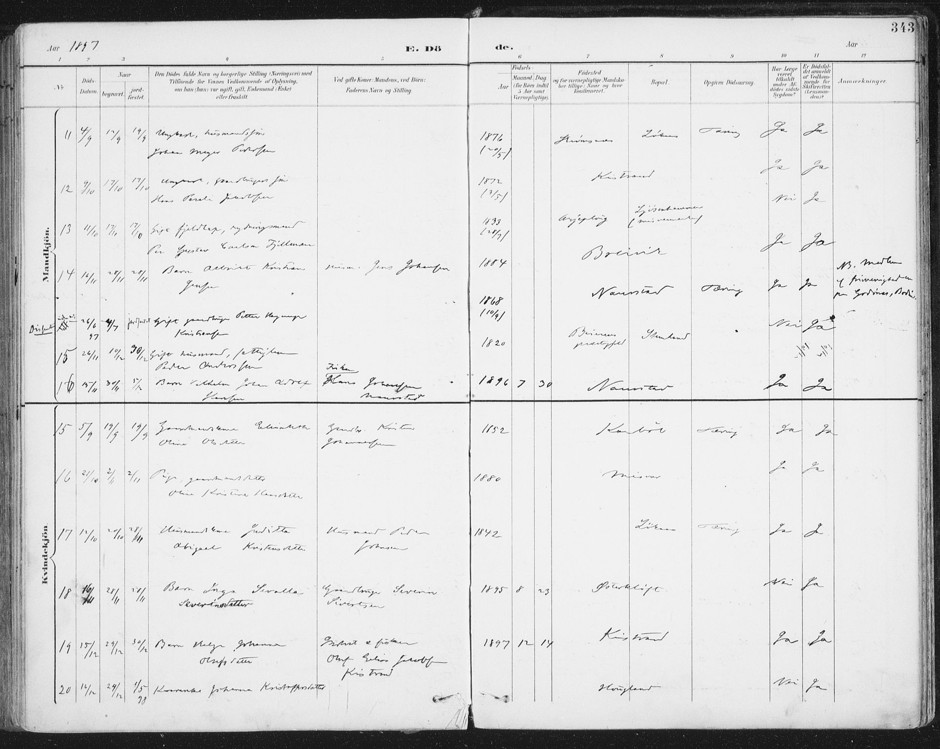 Ministerialprotokoller, klokkerbøker og fødselsregistre - Nordland, AV/SAT-A-1459/852/L0741: Parish register (official) no. 852A11, 1894-1917, p. 343