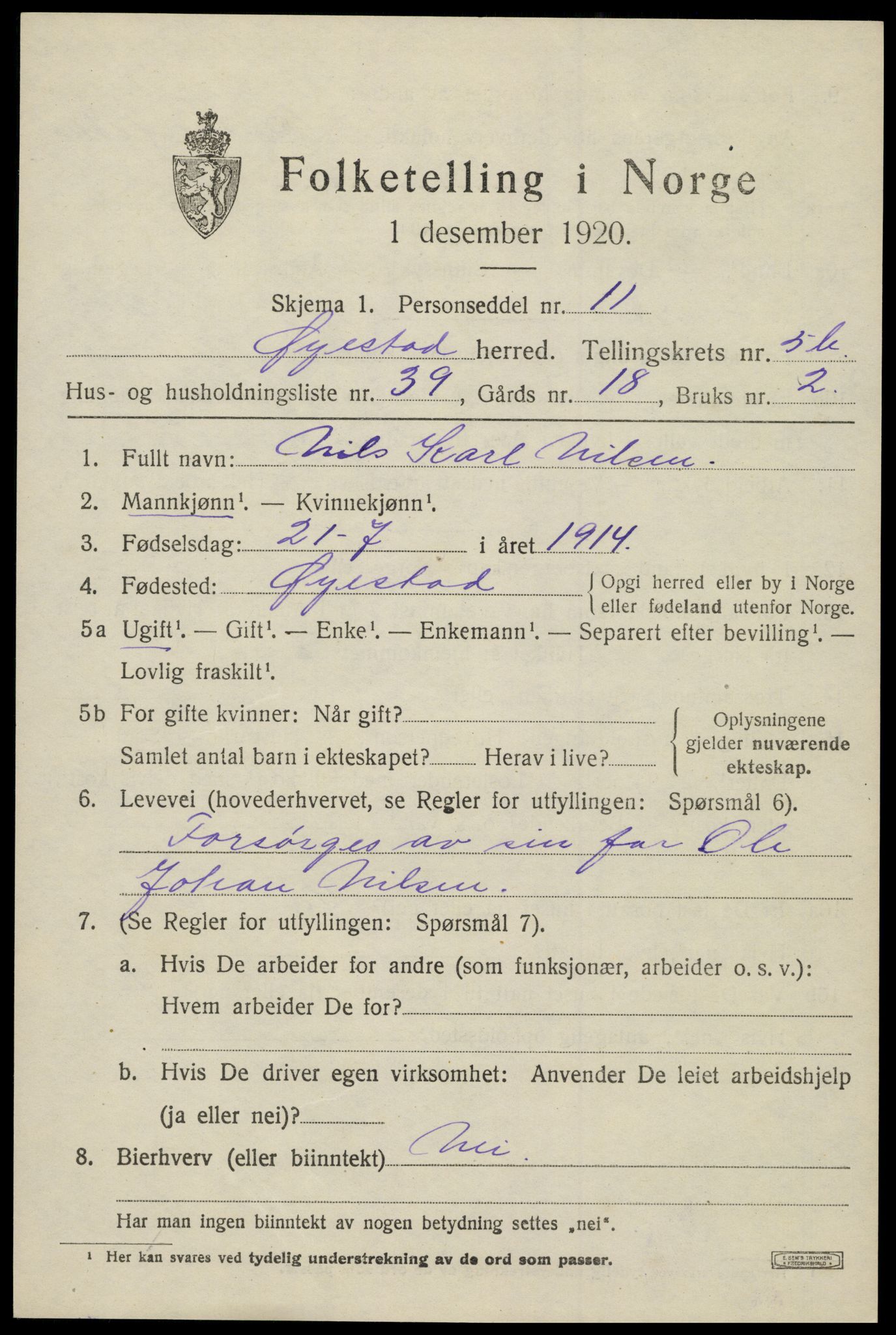 SAK, 1920 census for Øyestad, 1920, p. 4078