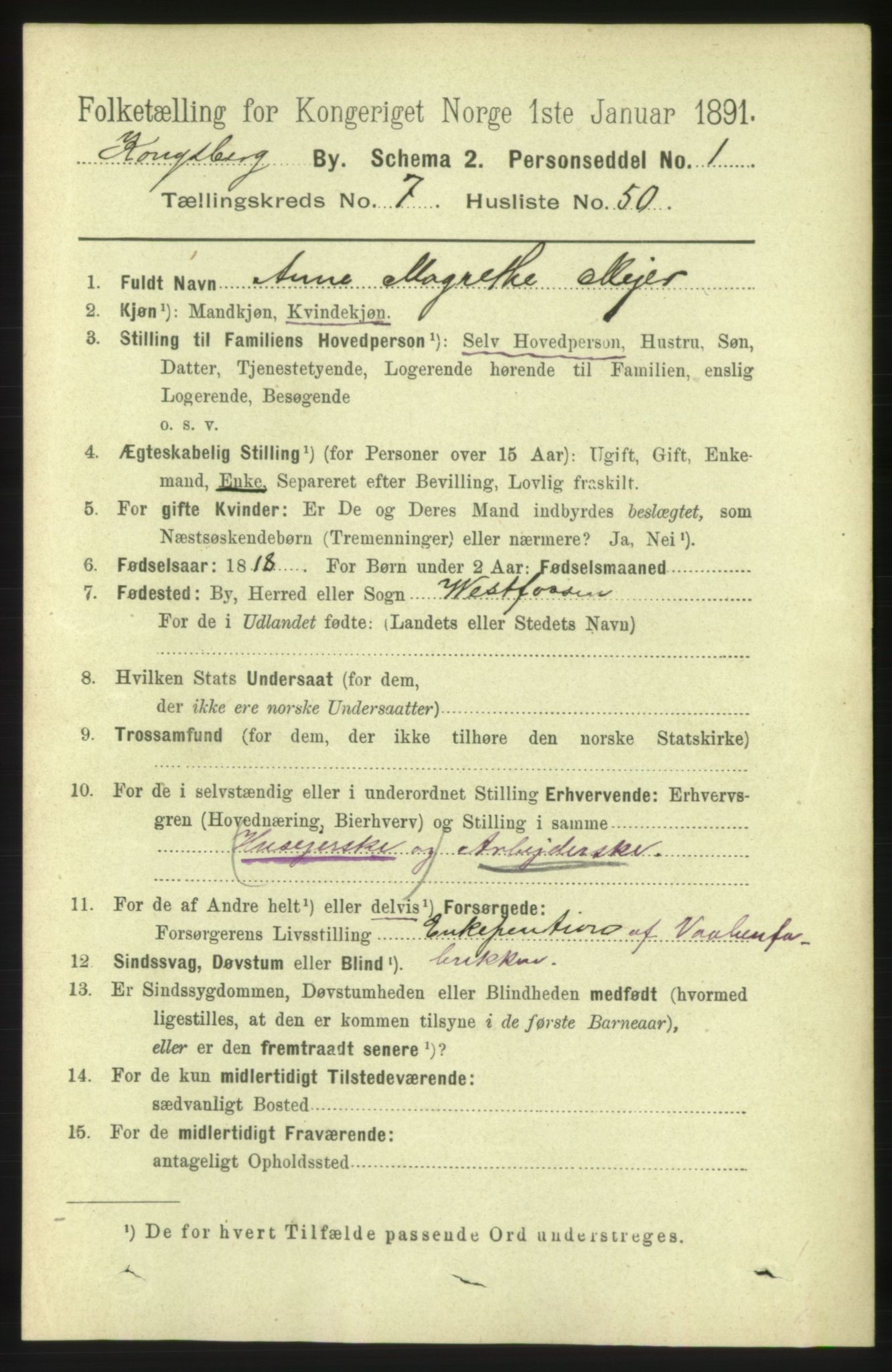 RA, 1891 census for 0604 Kongsberg, 1891, p. 5486