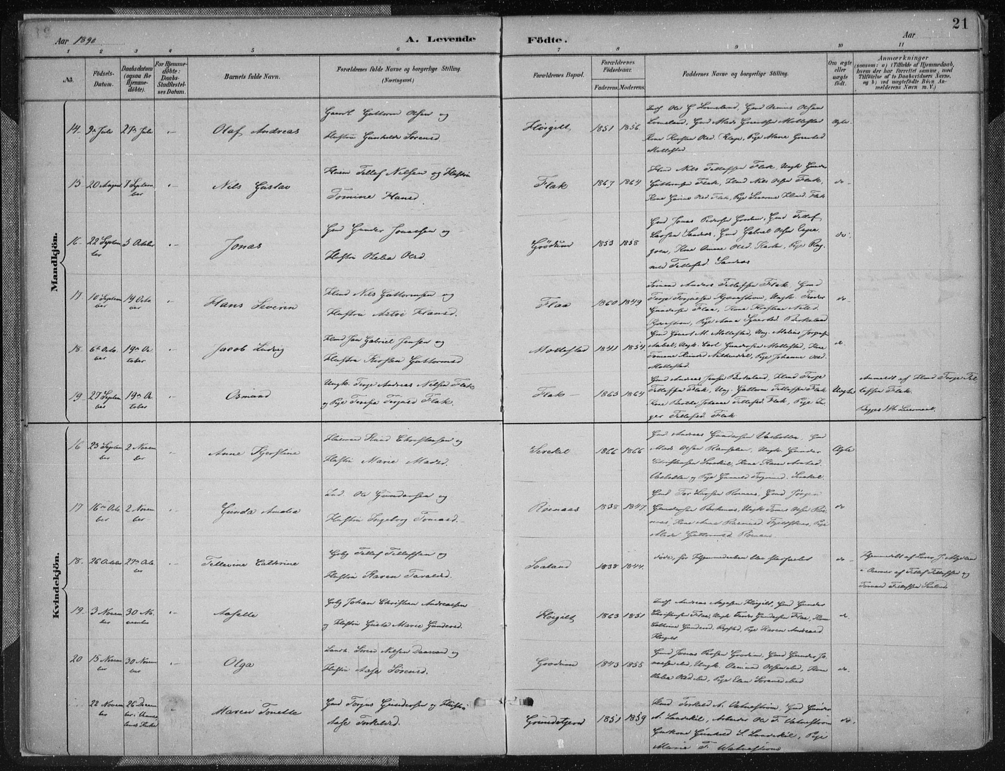 Birkenes sokneprestkontor, SAK/1111-0004/F/Fa/L0005: Parish register (official) no. A 5, 1887-1907, p. 21