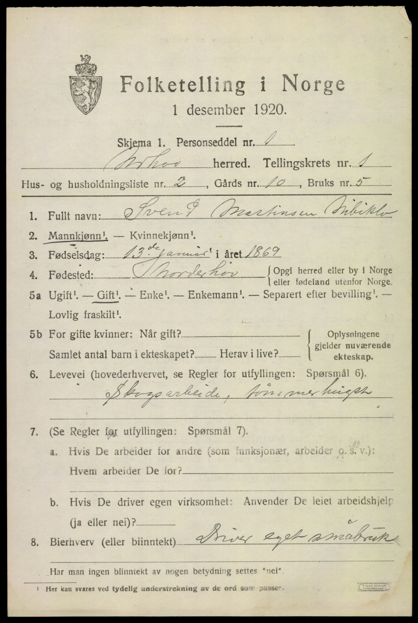 SAKO, 1920 census for Norderhov, 1920, p. 3612