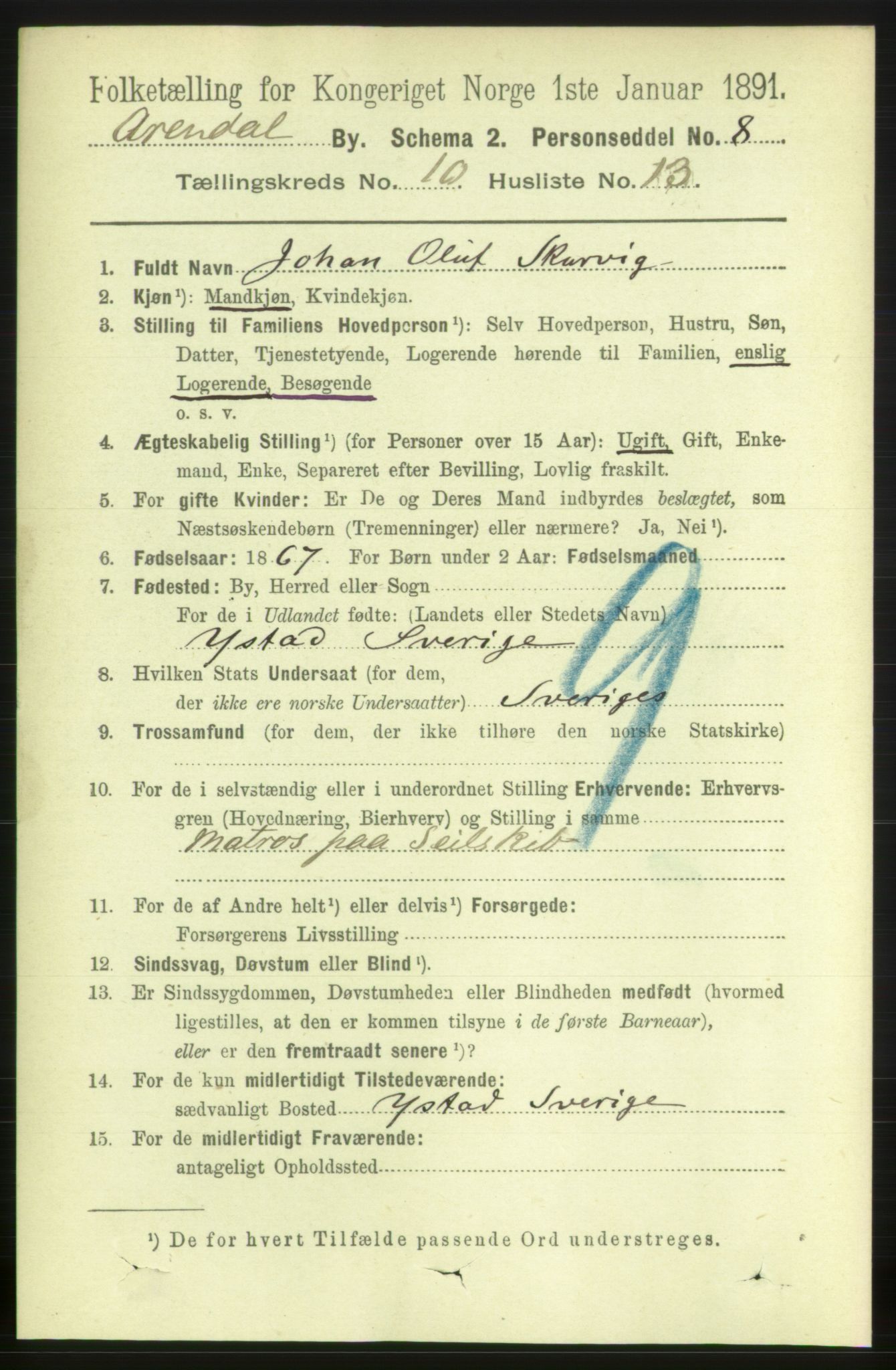 RA, 1891 census for 0903 Arendal, 1891, p. 3845