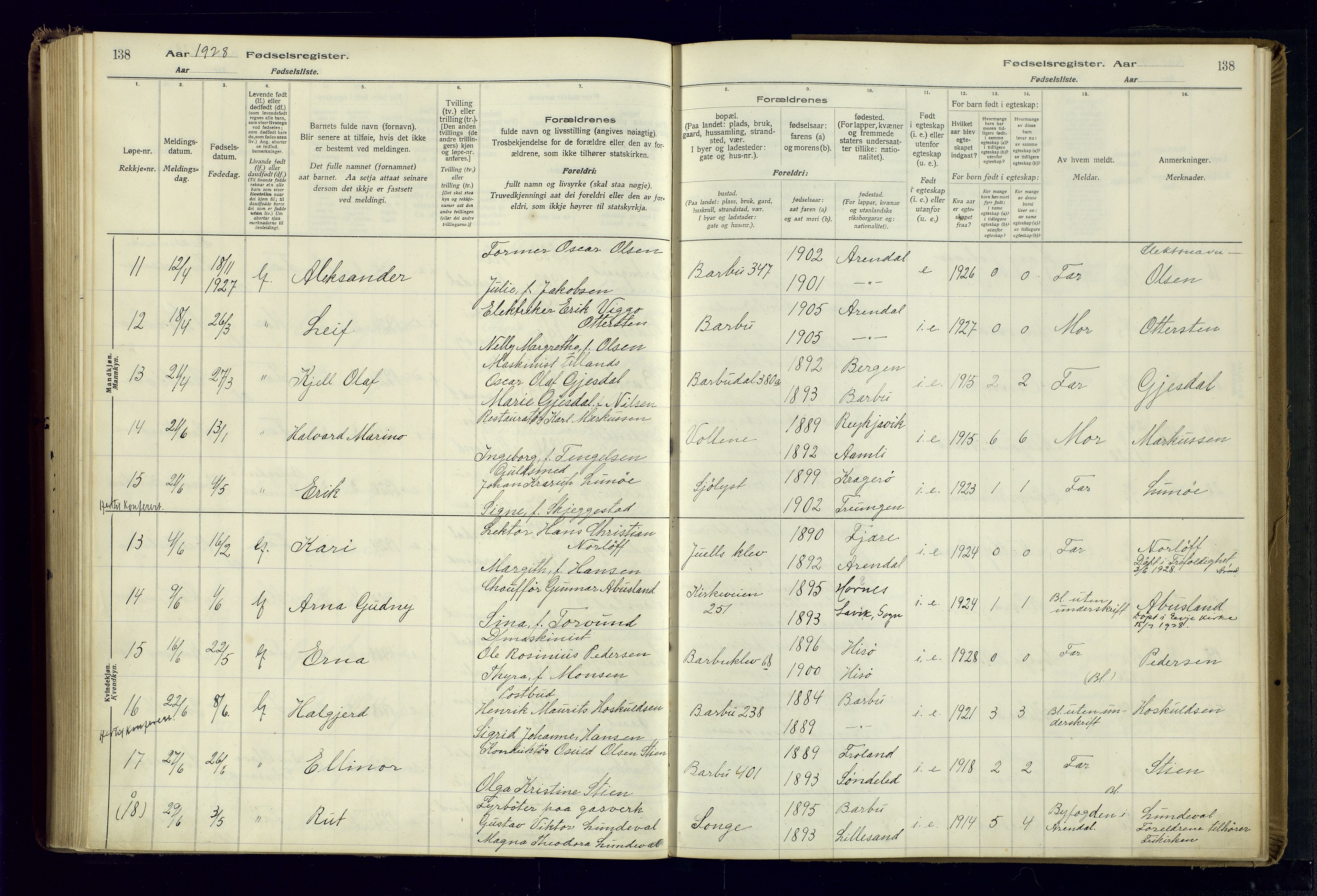 Barbu sokneprestkontor, SAK/1111-0003/J/Ja/L0001: Birth register no. A-VIII-1, 1916-1937, p. 138