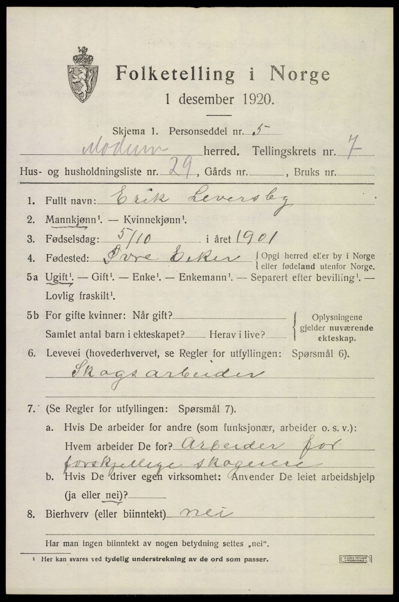 SAKO, 1920 census for Modum, 1920, p. 10015