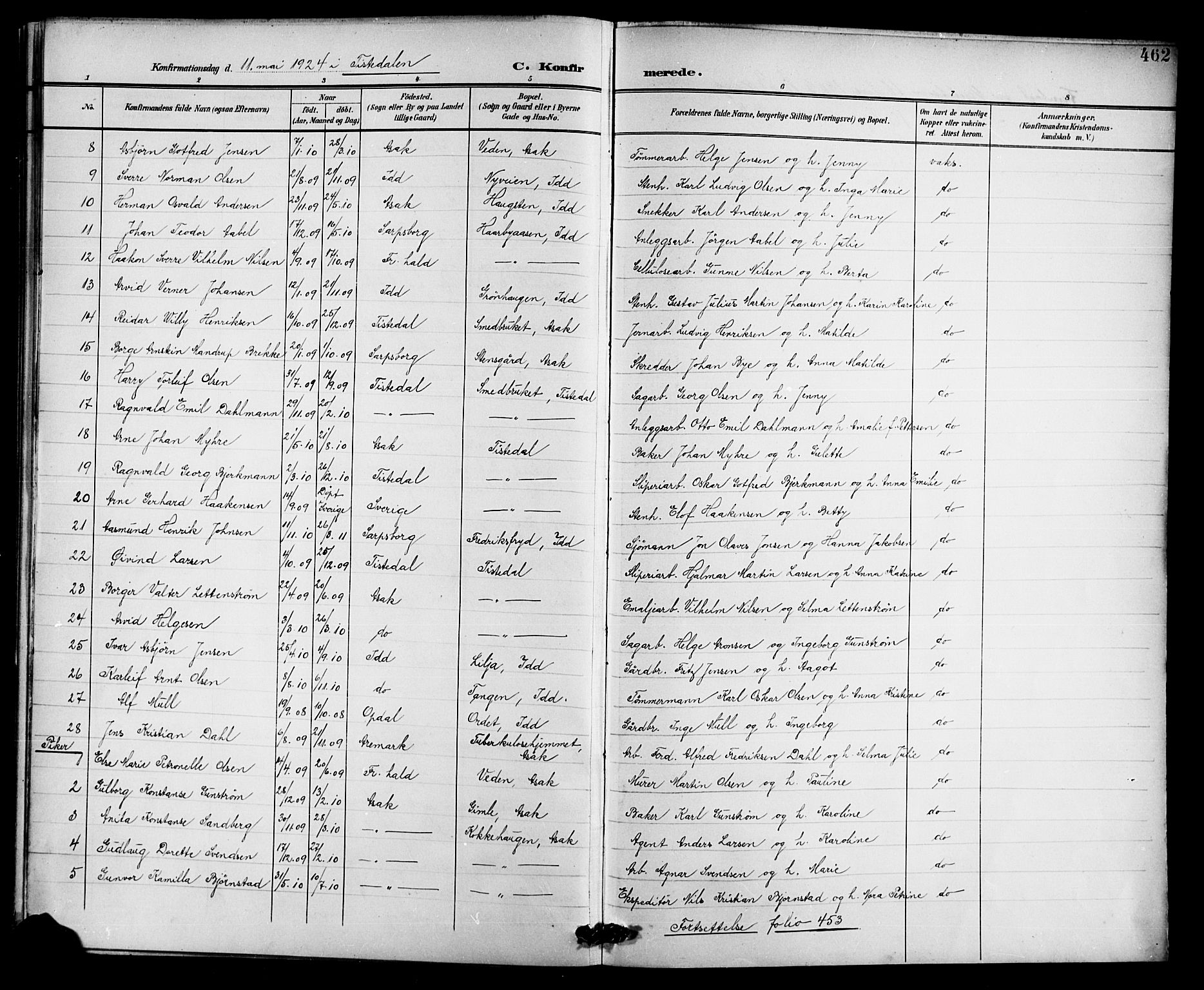 Halden prestekontor Kirkebøker, AV/SAO-A-10909/G/Ga/L0010: Parish register (copy) no. 10, 1900-1923, p. 462