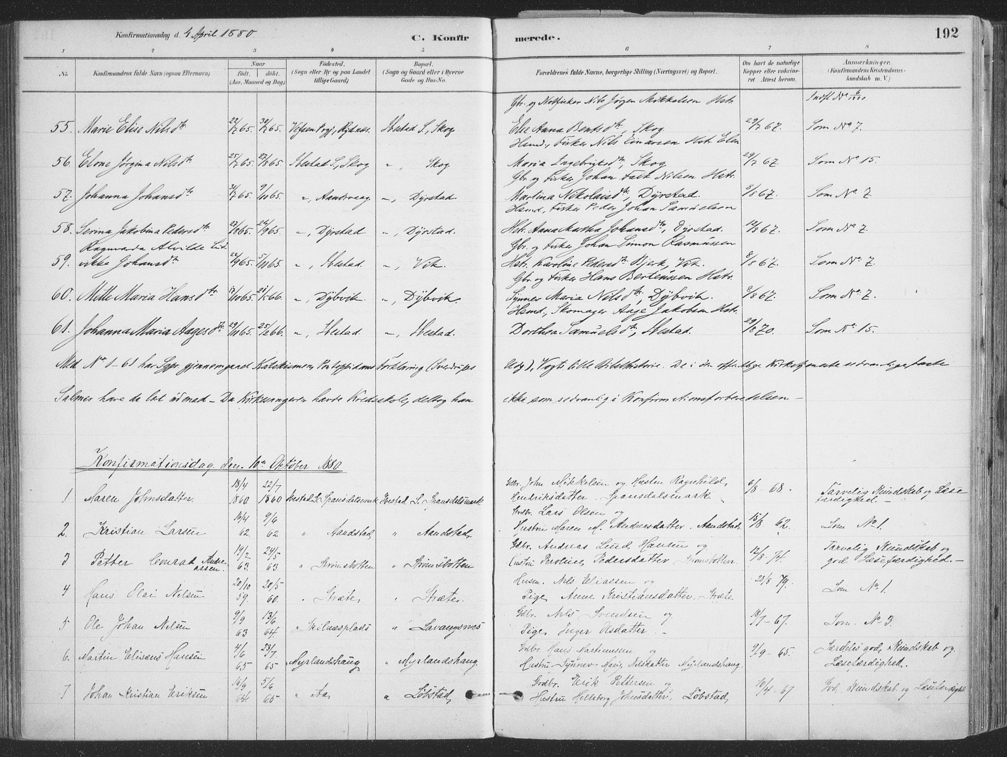 Ibestad sokneprestembete, AV/SATØ-S-0077/H/Ha/Haa/L0011kirke: Parish register (official) no. 11, 1880-1889, p. 192