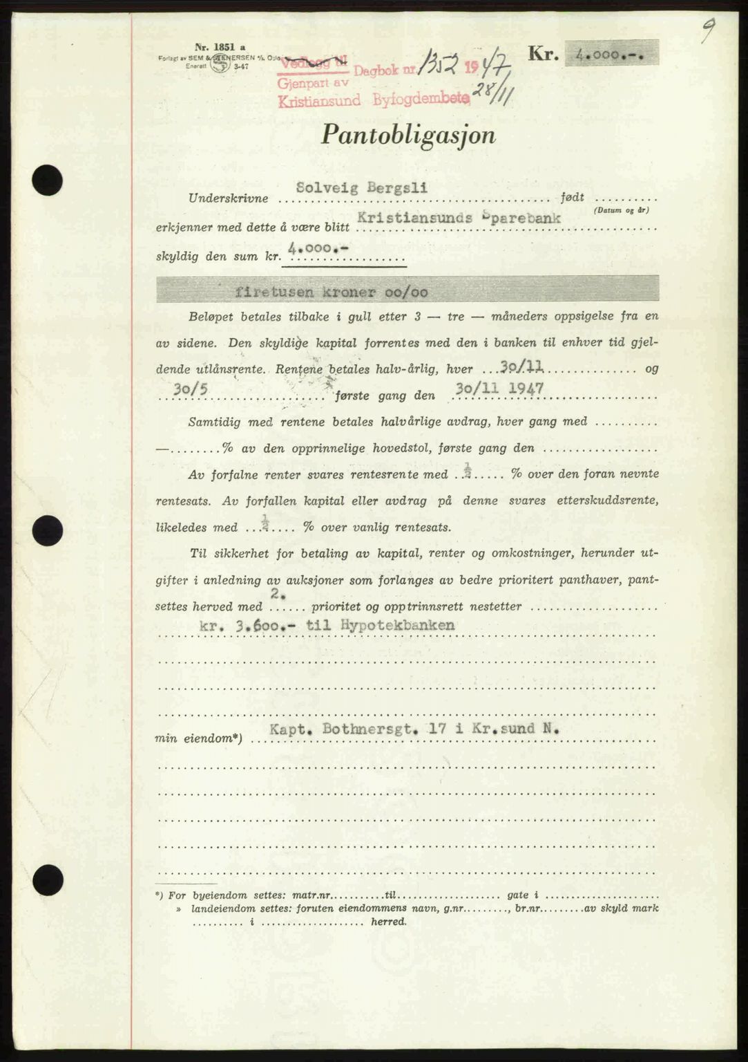 Kristiansund byfogd, AV/SAT-A-4587/A/27: Mortgage book no. 44, 1947-1948, Diary no: : 1352/1947