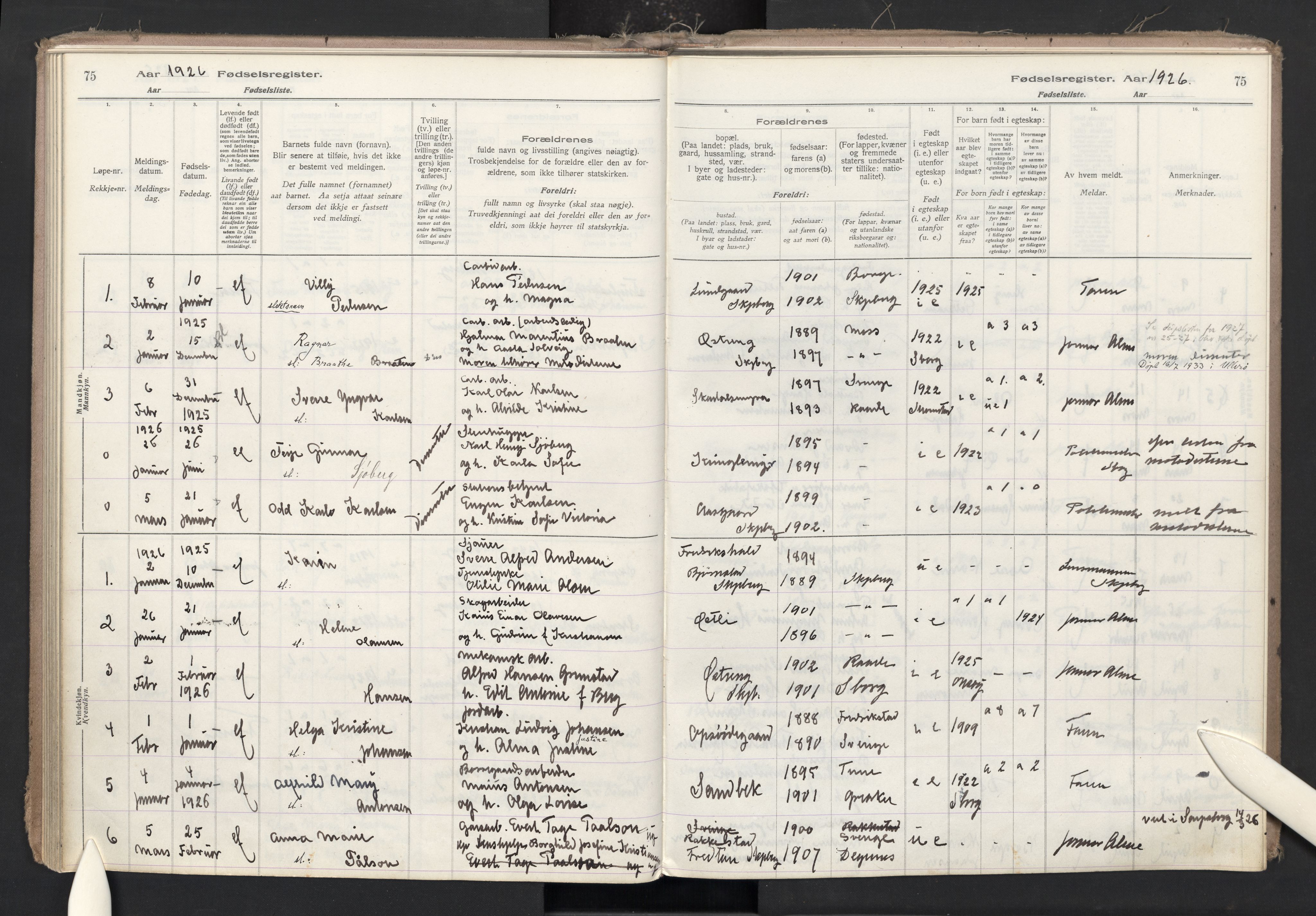 Skjeberg prestekontor Kirkebøker, SAO/A-10923/J/Ja/L0001: Birth register no. I 1, 1916-1945, p. 75
