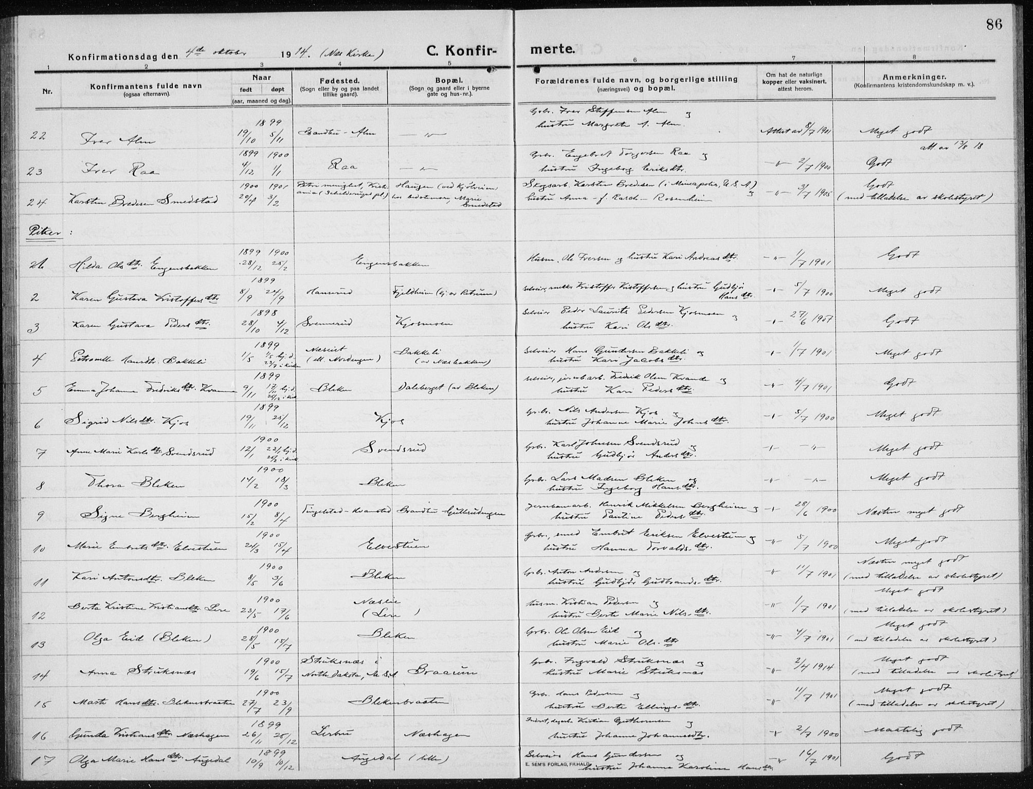 Brandbu prestekontor, AV/SAH-PREST-114/H/Ha/Hab/L0001: Parish register (copy) no. 1, 1914-1937, p. 86