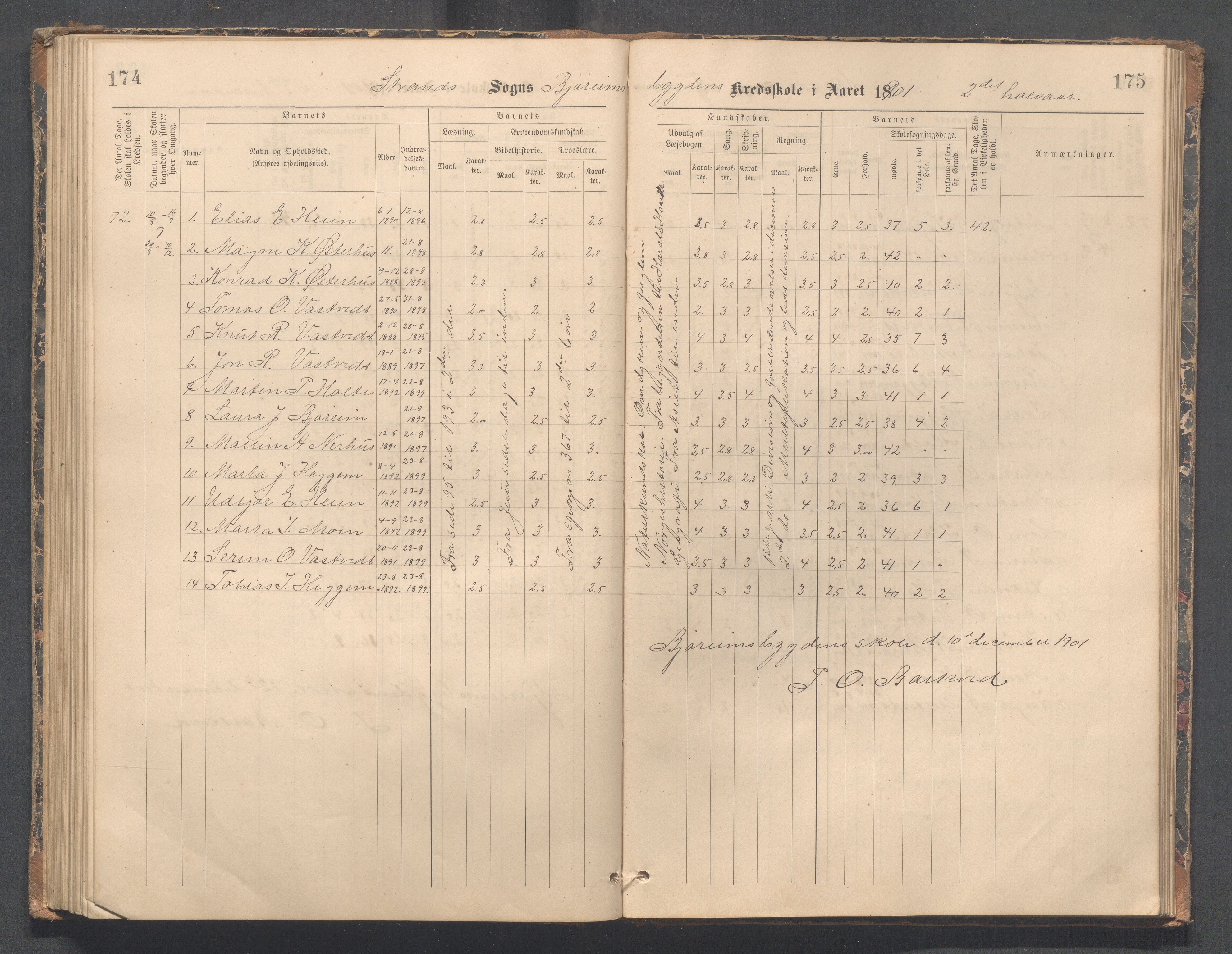 Strand kommune - Bjørheimsbygd skole, IKAR/A-147/H/L0002: Skoleprotokoll for Bjørheimsbygd og Lekvam krets, 1891-1907, p. 174-175