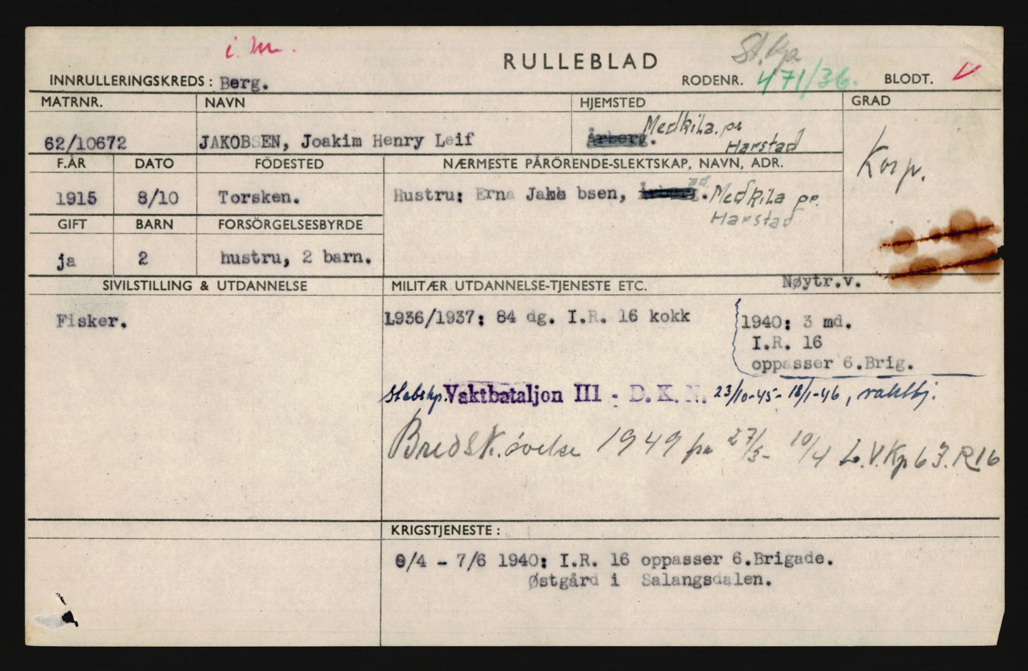 Forsvaret, Troms infanteriregiment nr. 16, AV/RA-RAFA-3146/P/Pa/L0020: Rulleblad for regimentets menige mannskaper, årsklasse 1936, 1936, p. 537