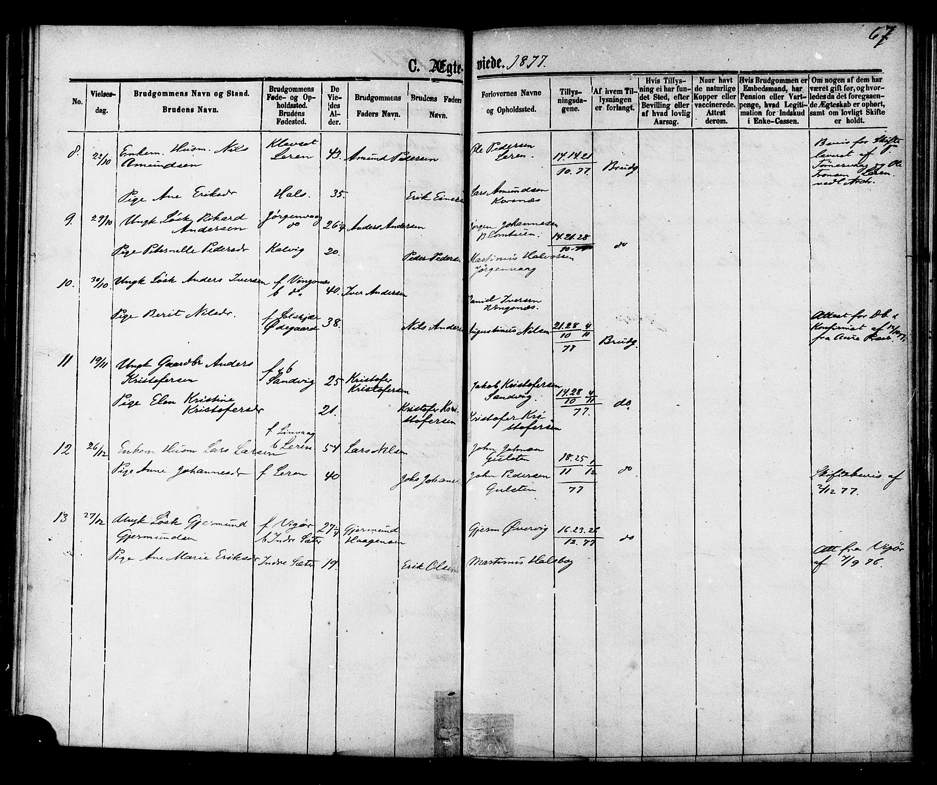 Ministerialprotokoller, klokkerbøker og fødselsregistre - Møre og Romsdal, AV/SAT-A-1454/577/L0895: Parish register (official) no. 577A02, 1875-1879, p. 67