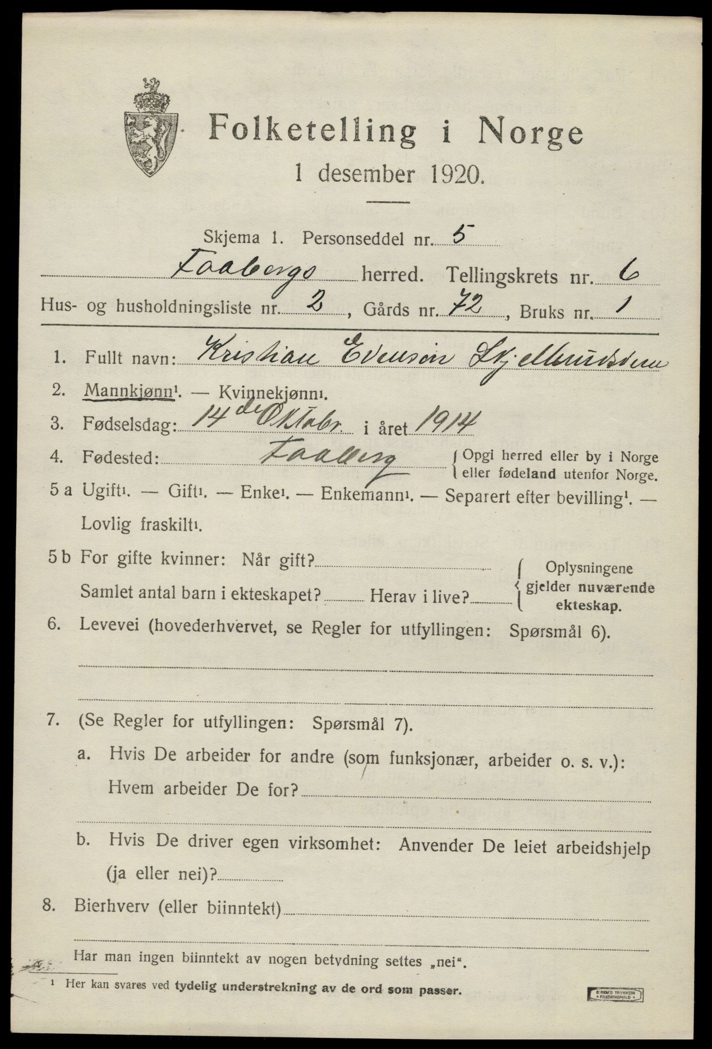 SAH, 1920 census for Fåberg, 1920, p. 7378