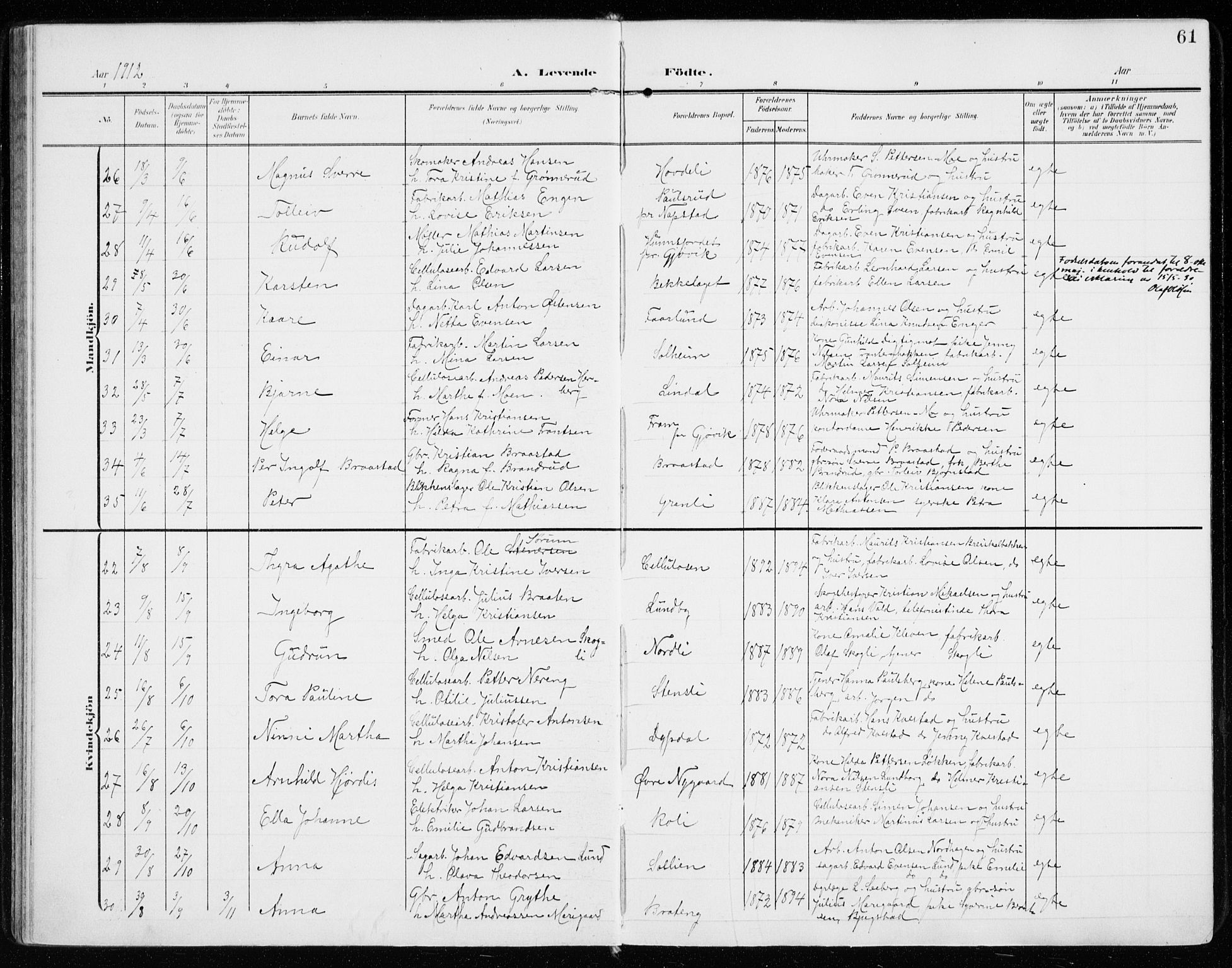 Vardal prestekontor, AV/SAH-PREST-100/H/Ha/Haa/L0016: Parish register (official) no. 16, 1904-1916, p. 61