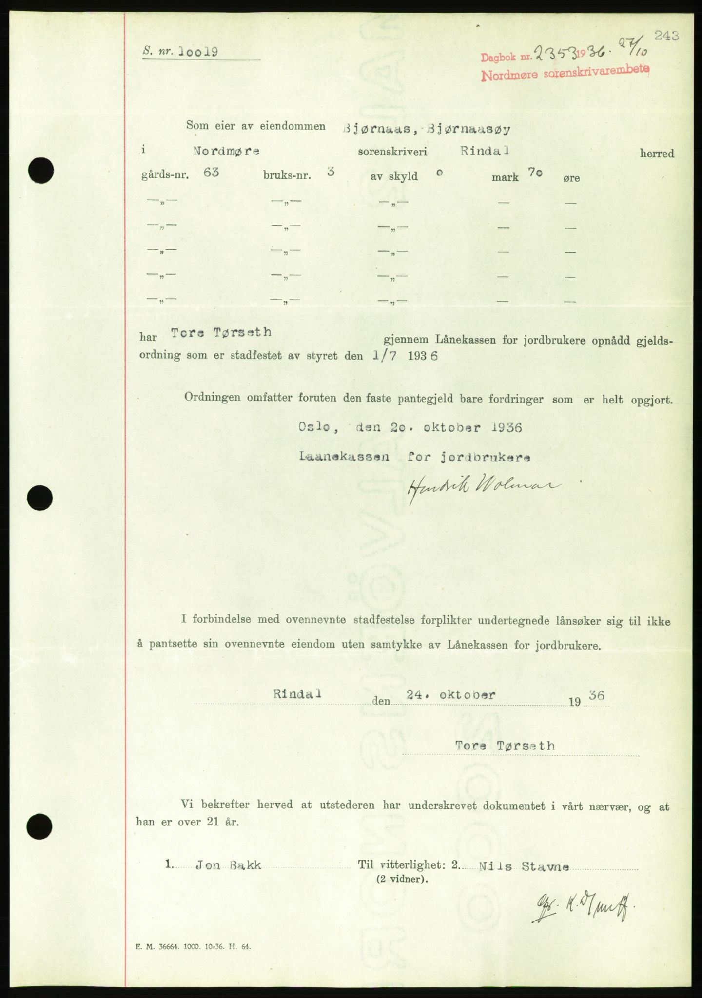 Nordmøre sorenskriveri, AV/SAT-A-4132/1/2/2Ca/L0090: Mortgage book no. B80, 1936-1937, Diary no: : 2353/1936