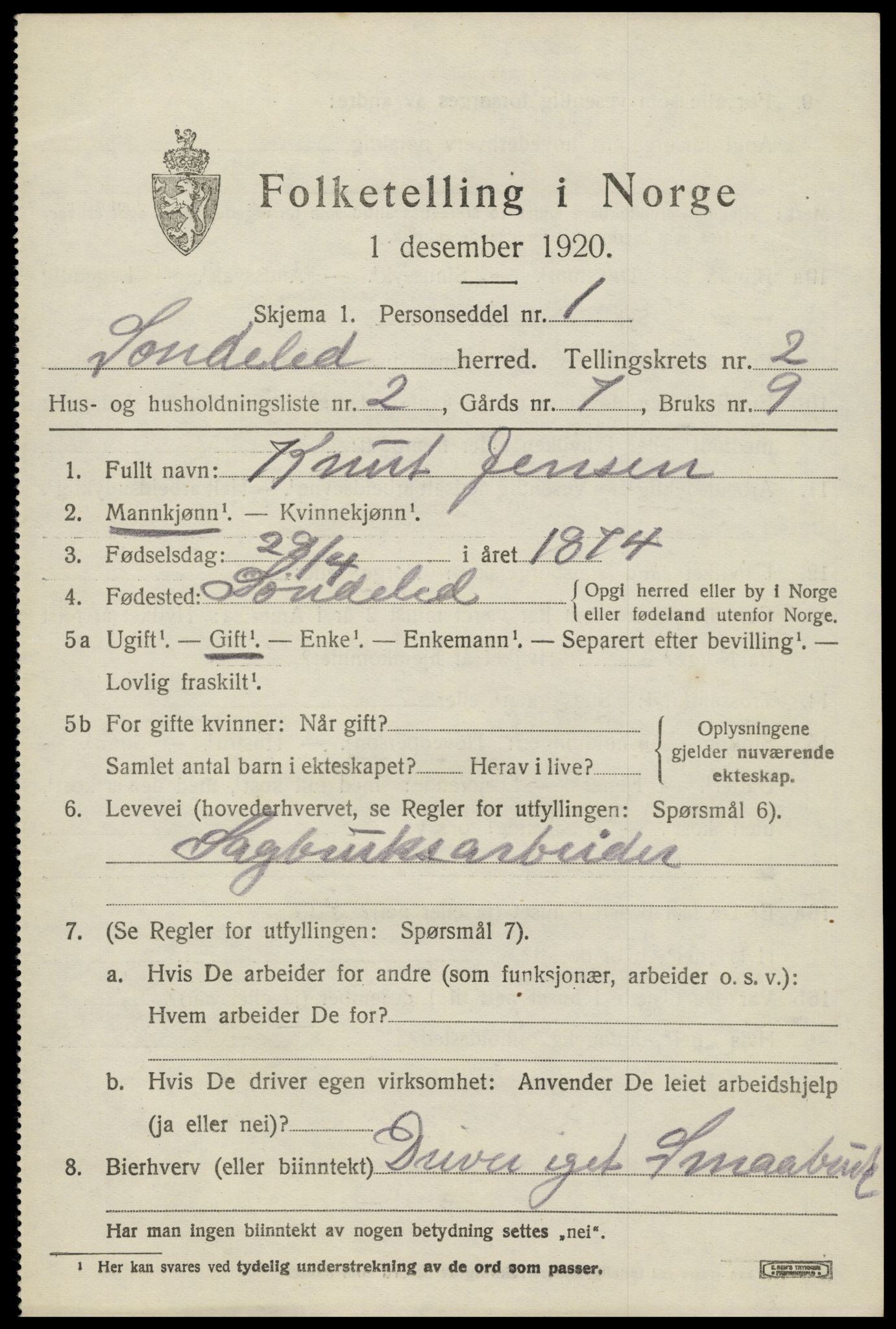 SAK, 1920 census for Søndeled, 1920, p. 1731