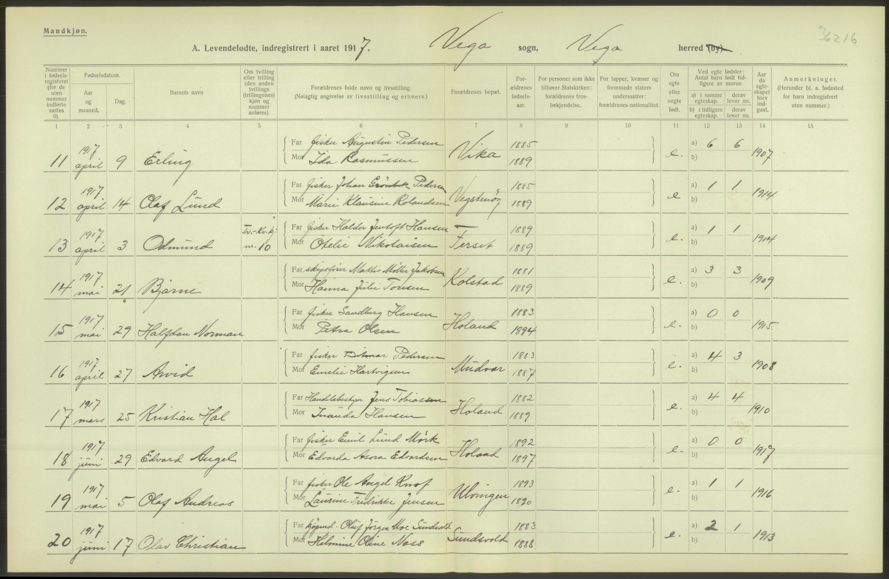 Statistisk sentralbyrå, Sosiodemografiske emner, Befolkning, RA/S-2228/D/Df/Dfb/Dfbg/L0050: Nordlands amt: Levendefødte menn og kvinner. Bygder., 1917, p. 602