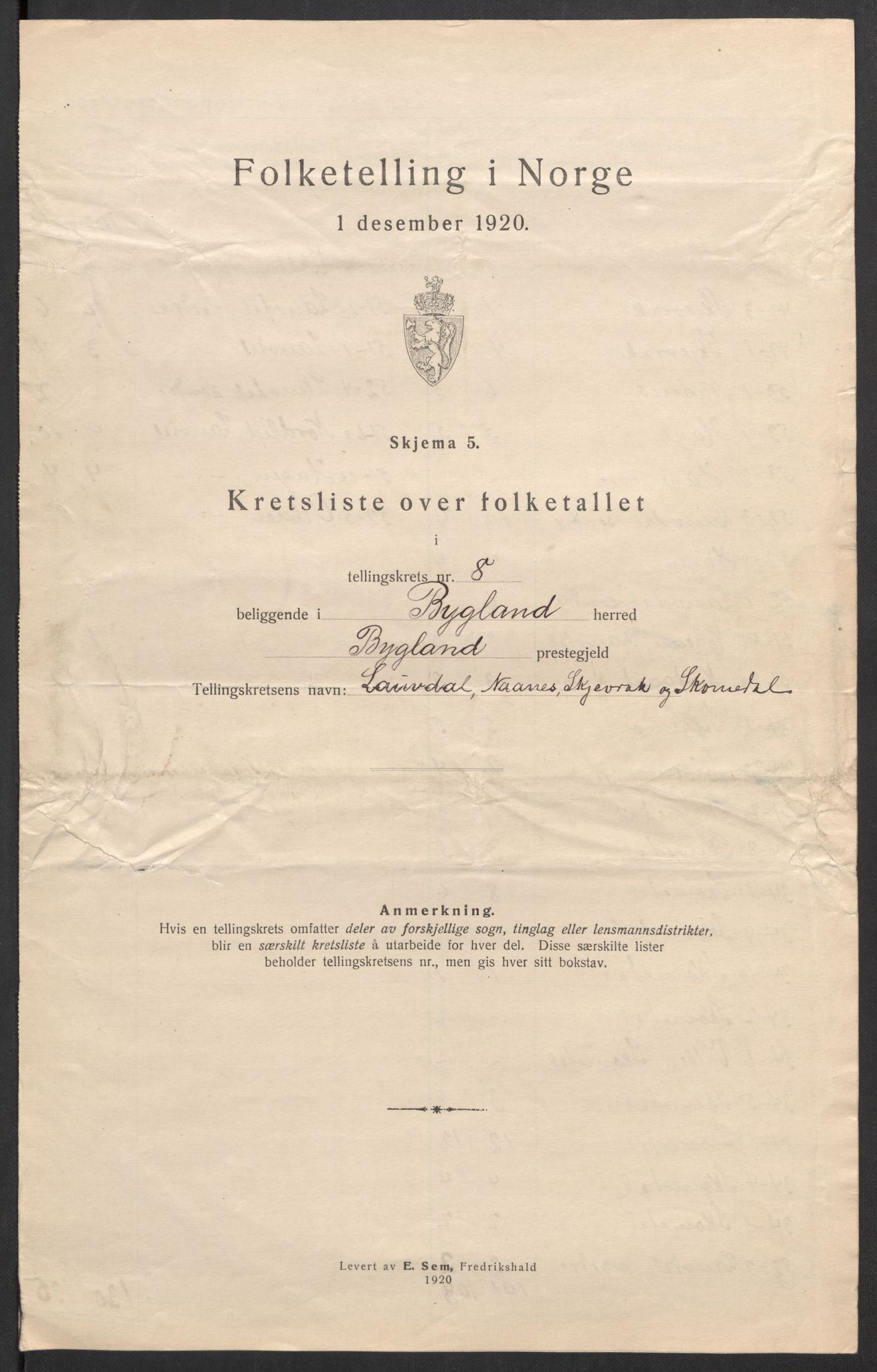 SAK, 1920 census for Bygland, 1920, p. 36