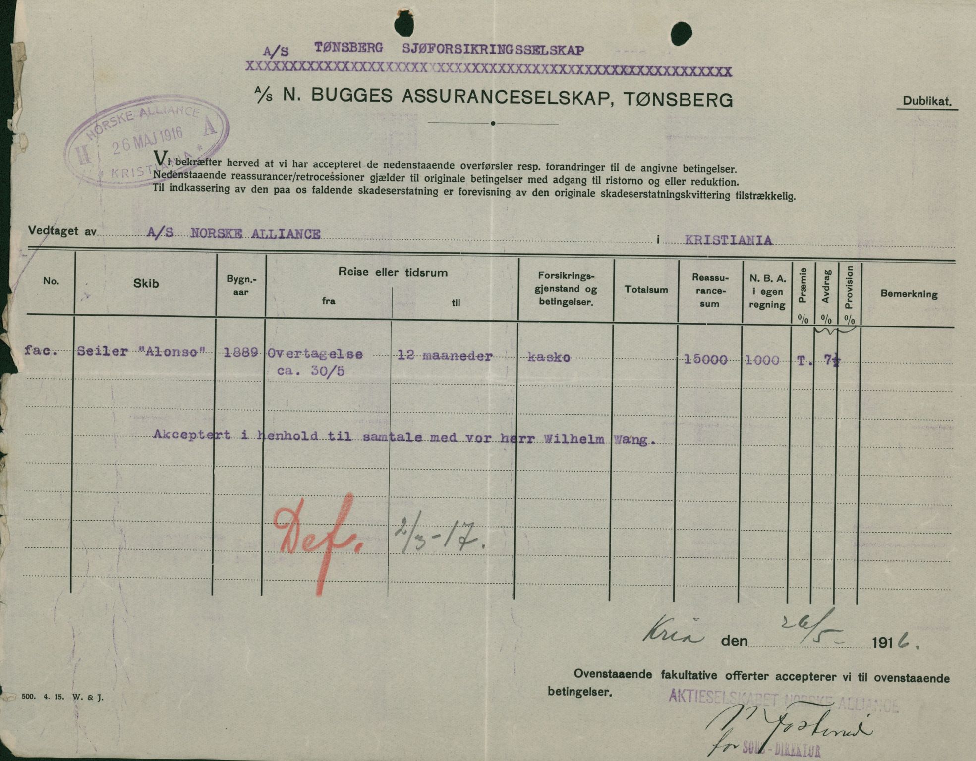 Pa 664 - Tønsberg Sjøforsikringsselskap, VEMU/A-1773/F/L0001: Forsikringspoliser, 1915-1918