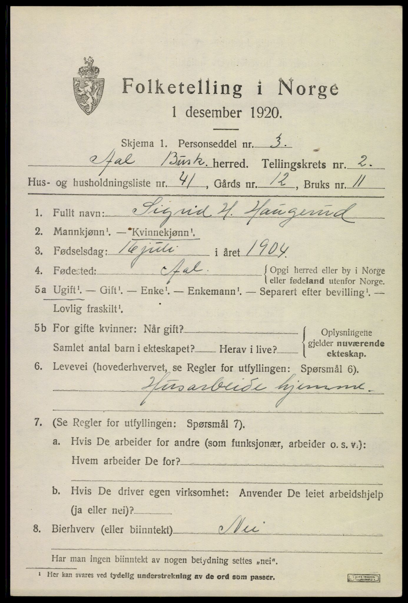 SAKO, 1920 census for Ål, 1920, p. 2228