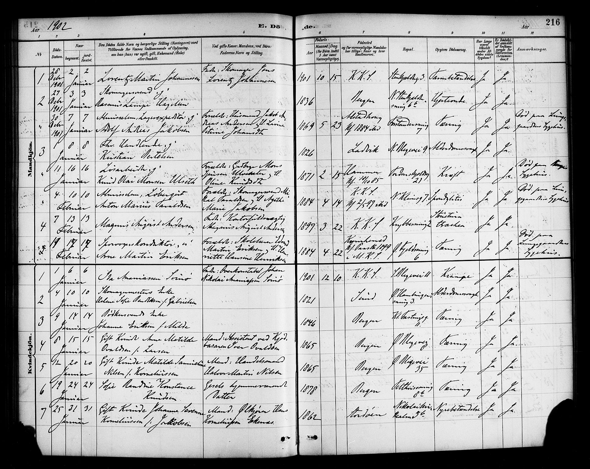 Korskirken sokneprestembete, SAB/A-76101/H/Haa/L0047: Parish register (official) no. E 5, 1884-1910, p. 216